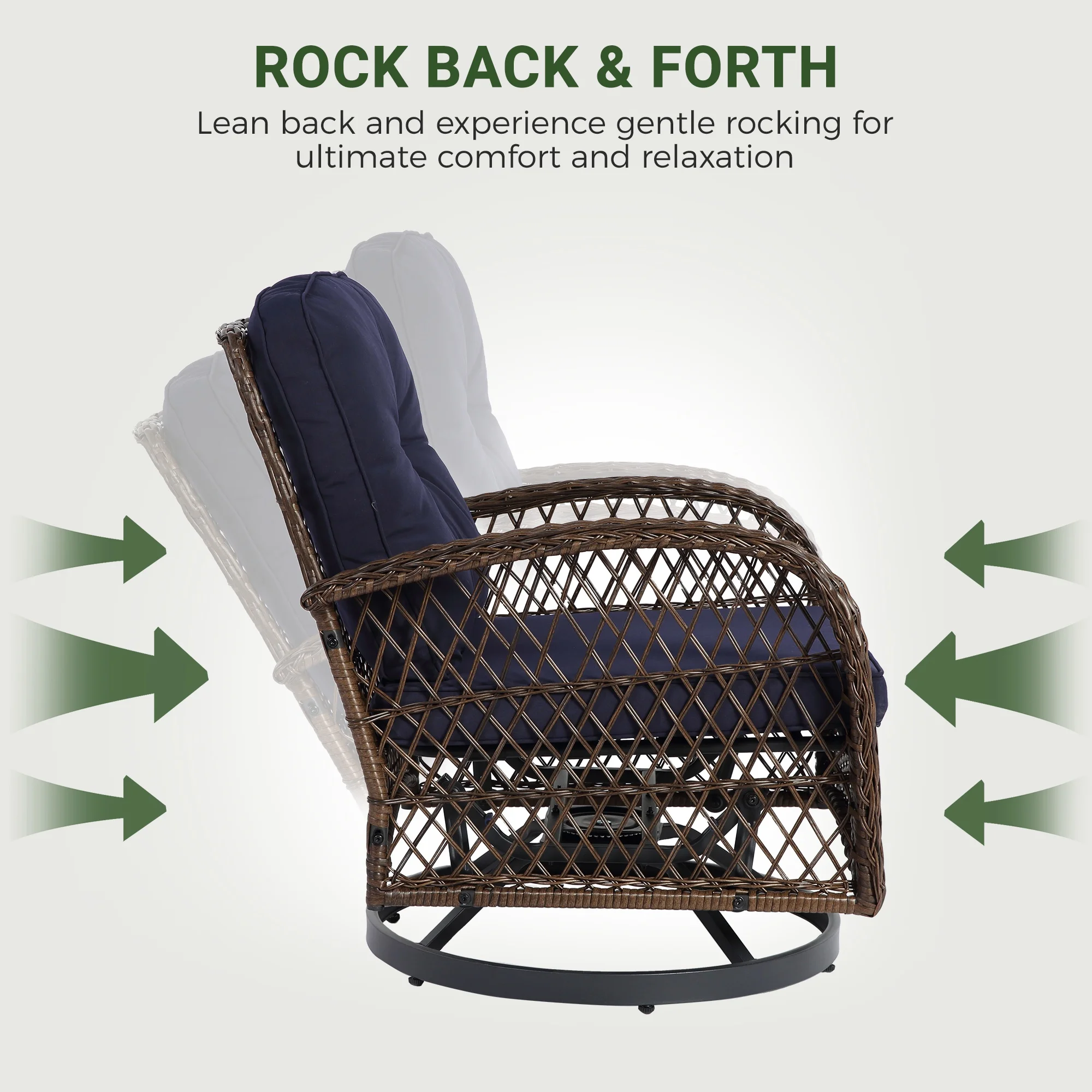 3 Piece Patio Swivel Rocker Chairs Set, 2 360-Degree Swivel Rocking Chairs with 1 Glass Top Table, PE Rattan Outdoor Bistro Set with Cushions for Balcony Deck Poolside Backyard Porch - Image 14