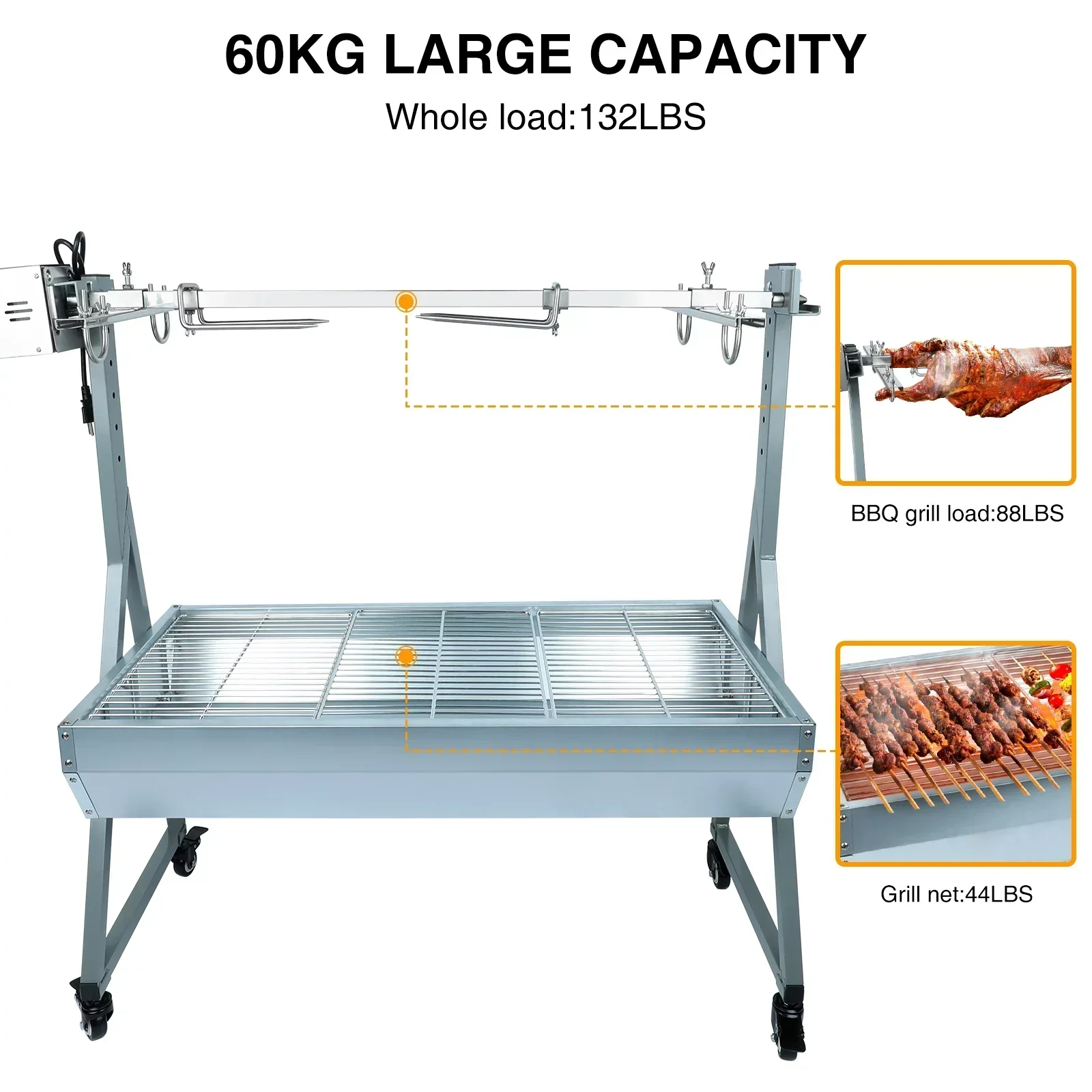 Rocita Charcoal Rotisserie Grill Roaster 132lbs, 38.5in x 18.1in, Stainless Steel, 25W Motor And Hand Crank - Image 3 Rocita Charcoal Rotisserie Grill Roaster 132lbs, 38.5in x 18.1in, Stainless Steel, 25W Motor And Hand Crank - Image 3