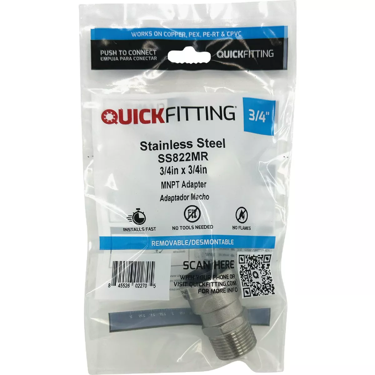 QuickFitting 3/4 In. Push-to-Connect x 3/4 In. MNPT Stainless Steel Straight Male Adapter