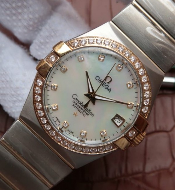 Replica Omega V6 Constellation 35mm White MOP Dial Diamonds Bezel SS Bracelet A2500 - Elite Watch Atelier