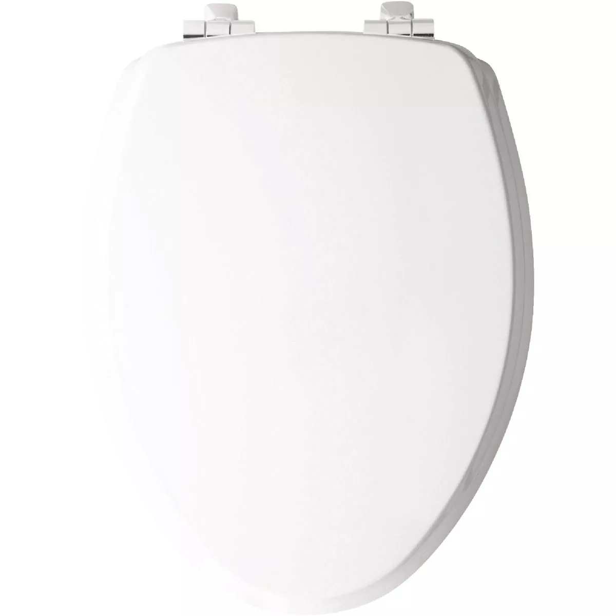 Bemis Mayfair Benton Elongated White Enameled Wood Toilet Seat with Slow Close Chrome Metal Hinge