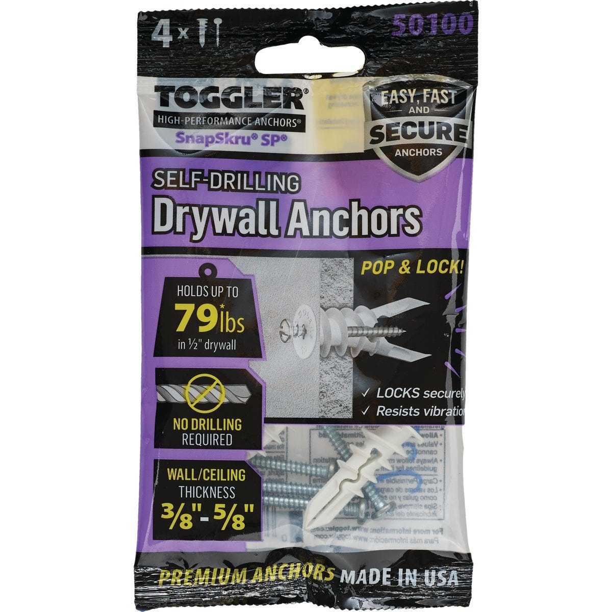 Toggler SnapSkru #8 x 1-1/2 In. 79 Lb. Nylon Self-Drilling Drywall Anchor (4-Count)