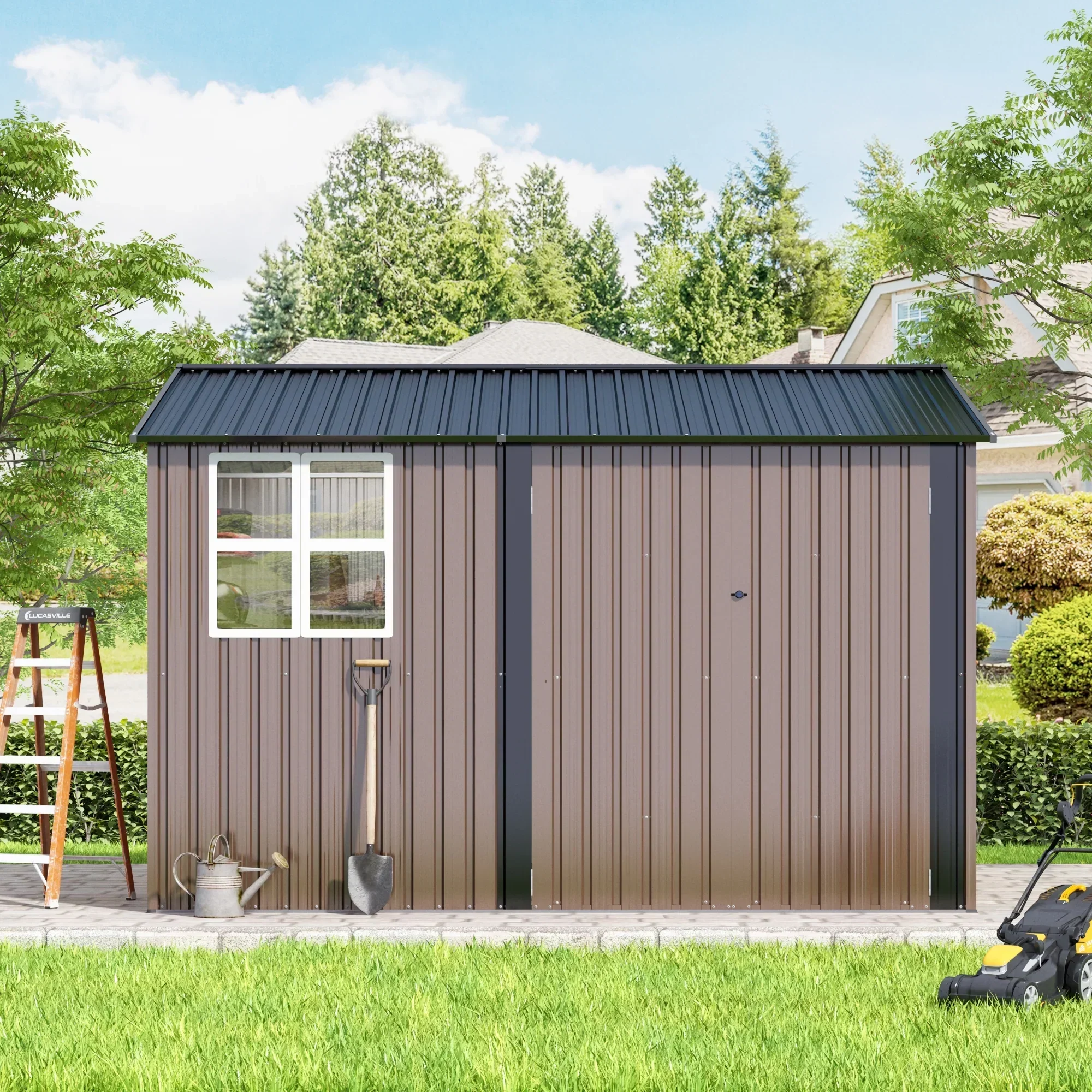 JAXPETY 10 x 10 ft Outdoor Metal Storage Shed With Window And Lockable Door - Brown - Image 11 JAXPETY 10 x 10 ft Outdoor Metal Storage Shed With Window And Lockable Door - Brown - Image 11
