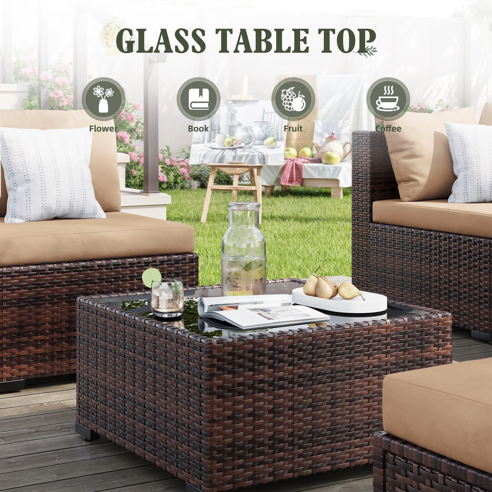 7 Pieces Patio Conversation Set, Outdoor Sectional PE Rattan Wicker Furniture Seat,Dark Gray - Image 23
