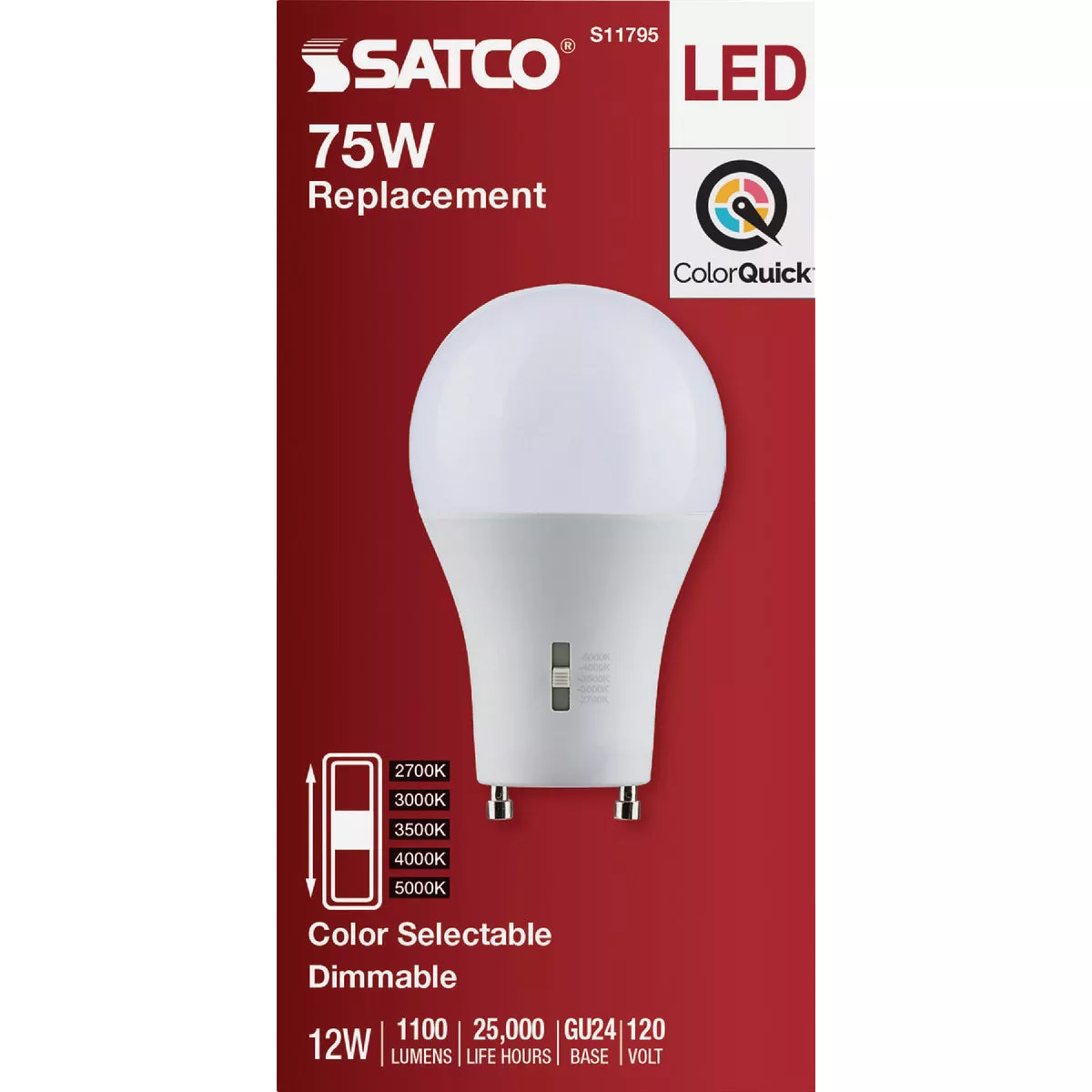 Satco 75W Equivalent 5CCT-Selectable A19 GU24 Base Dimmable Traditional LED Light Bulb