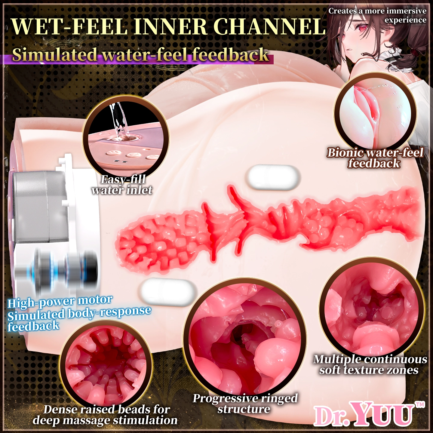Textured internal channel in a realistic butt masturbator with layered soft ridges, progressive rings, and dense massage textures