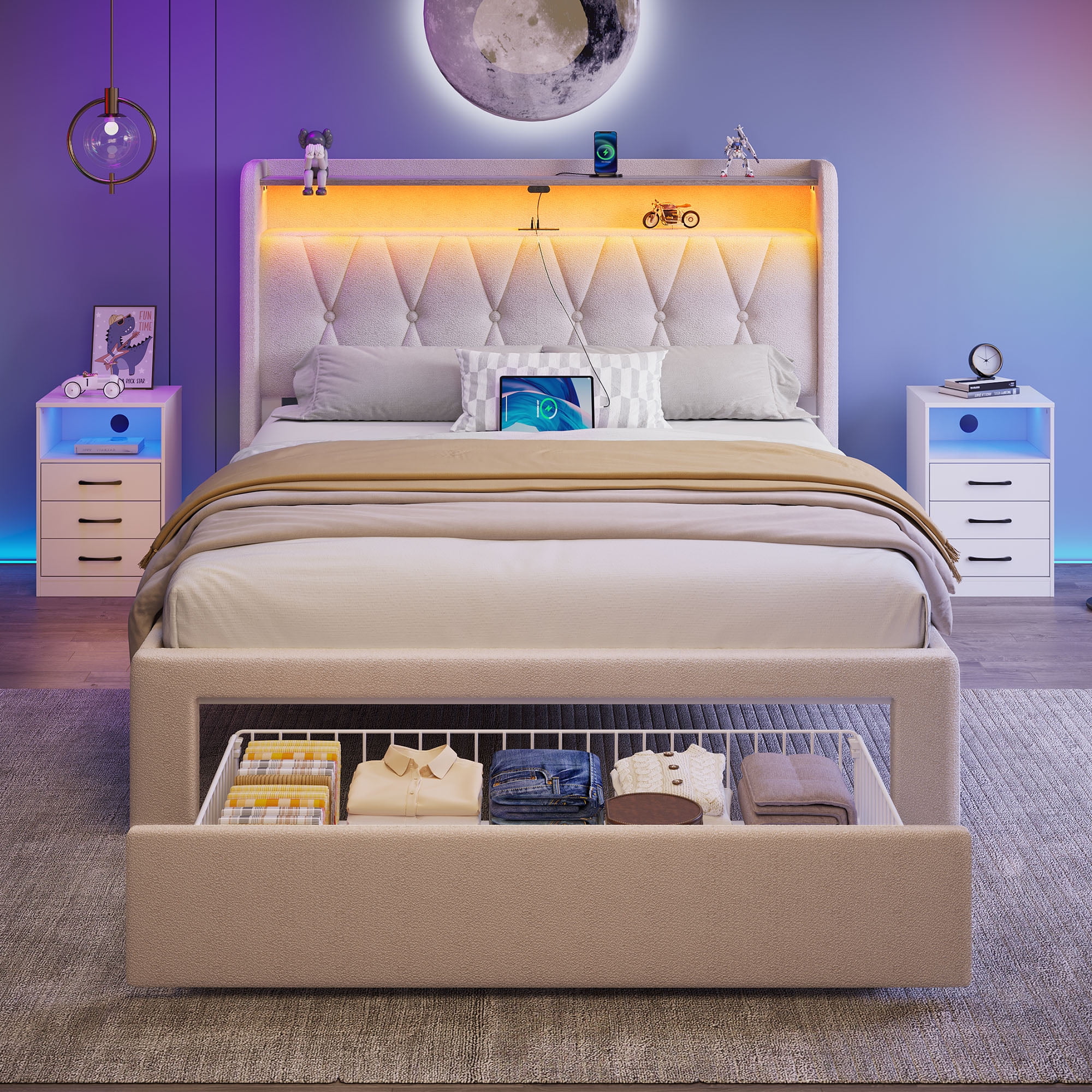 Greenstell Twin Bed Frame with Storage Drawers, Upholstered Bed with LED Light and Linen Fabric Storage Headboard, Off White