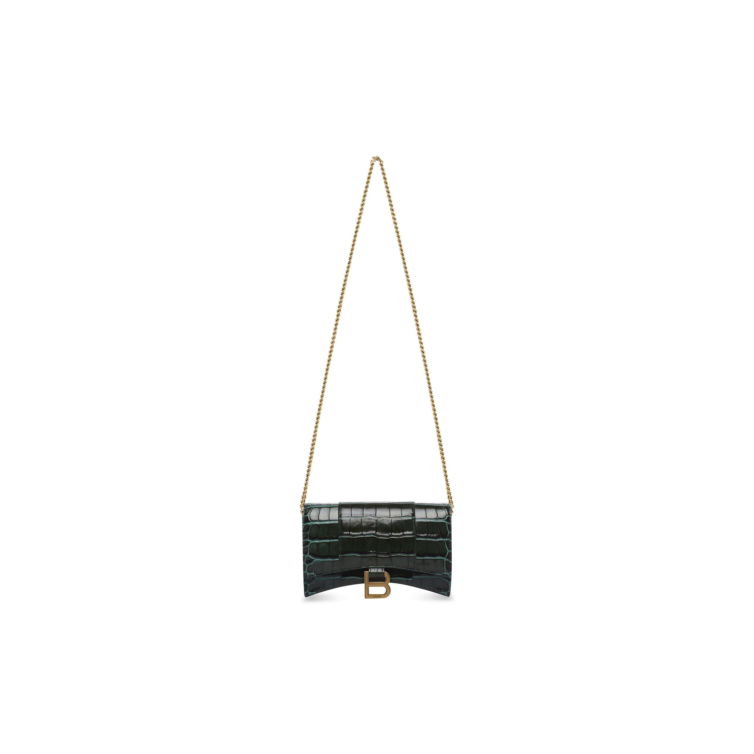 WOMEN'S HOURGLASS WALLET ON CHAIN CROCODILE EMBOSSED IN FOREST GREEN - Replicaclubs