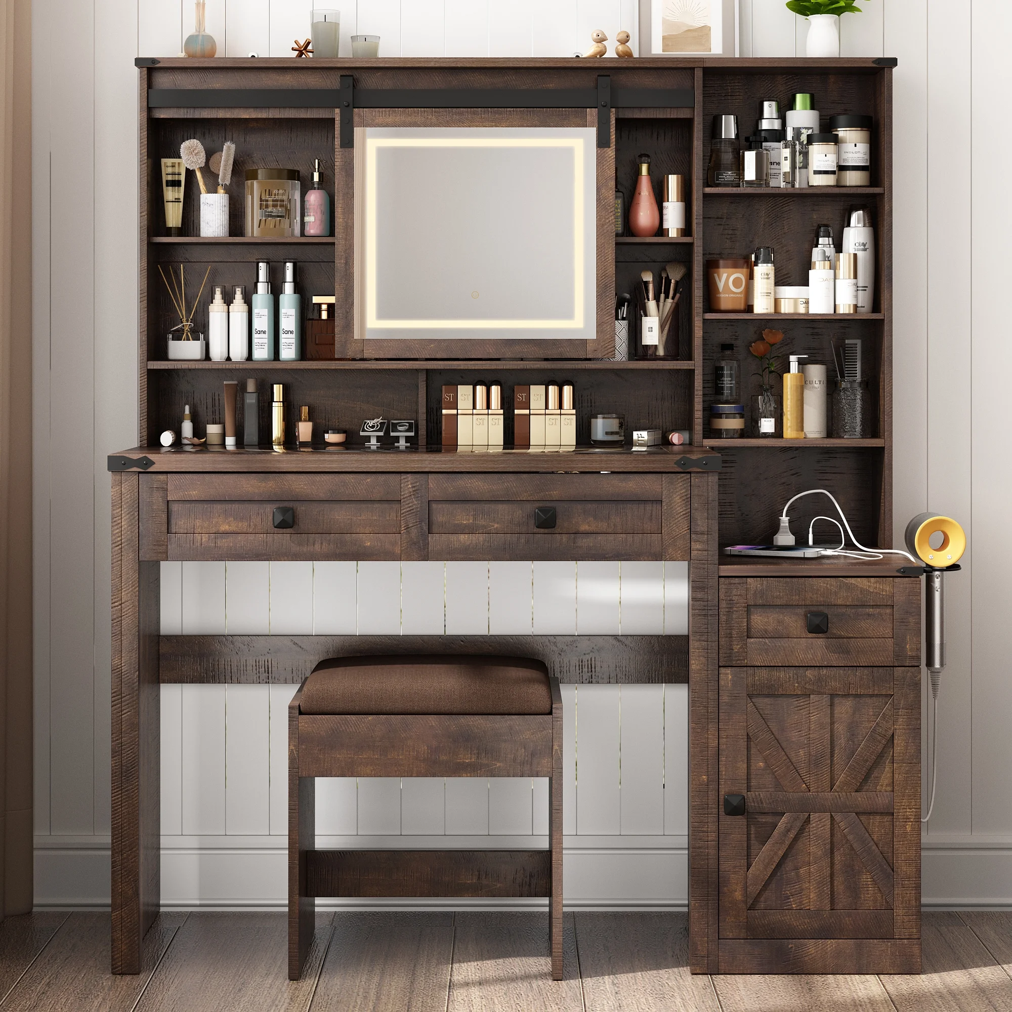 Blotout 47.2" Farmhouse Rustic Makeup Vanity Desk with Sliding Mirror and Lights, Glass Top Vanity Set with Charging Station & 3 Drawers & 1 Cabinet & Stool, Big Vanity (White) - Image 11