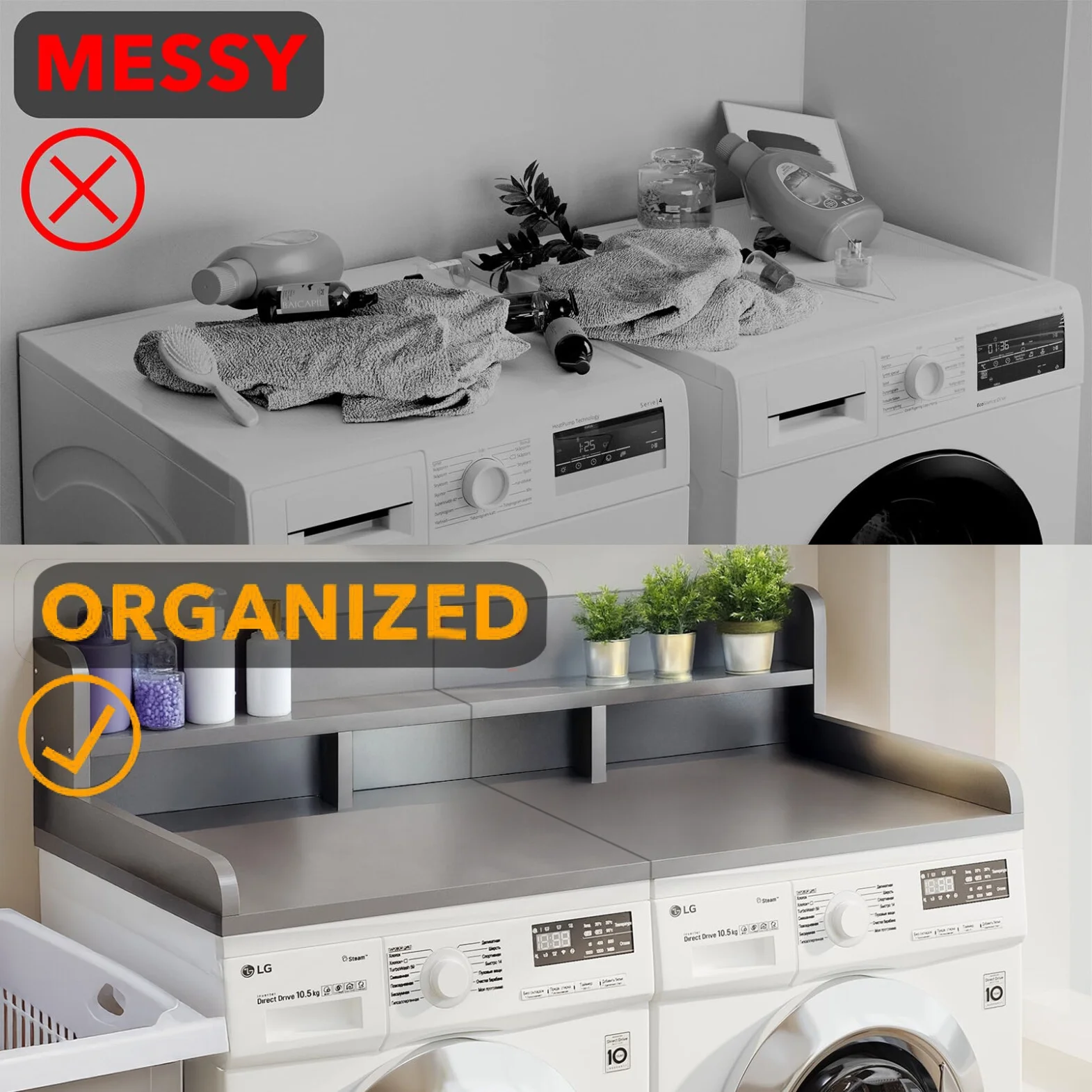 Modern Washer Dryer Countertop with 2-Tier Shelf,Laundry Room Countertop Organization Storage with 2.75" H Guard Edge Rails,Non-Slip Pad,Waterproof and Easy to Clean,54"W x 27.55"D,Natural Wood - Image 32