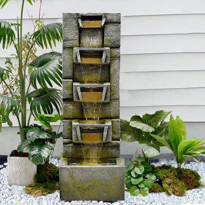 5-Tier Modern Cascading Indoor/Outdoor Fountain With LED Lights - Resin and Fiberglass 5-Tier Modern Cascading Indoor/Outdoor Fountain With LED Lights - Resin and Fiberglass