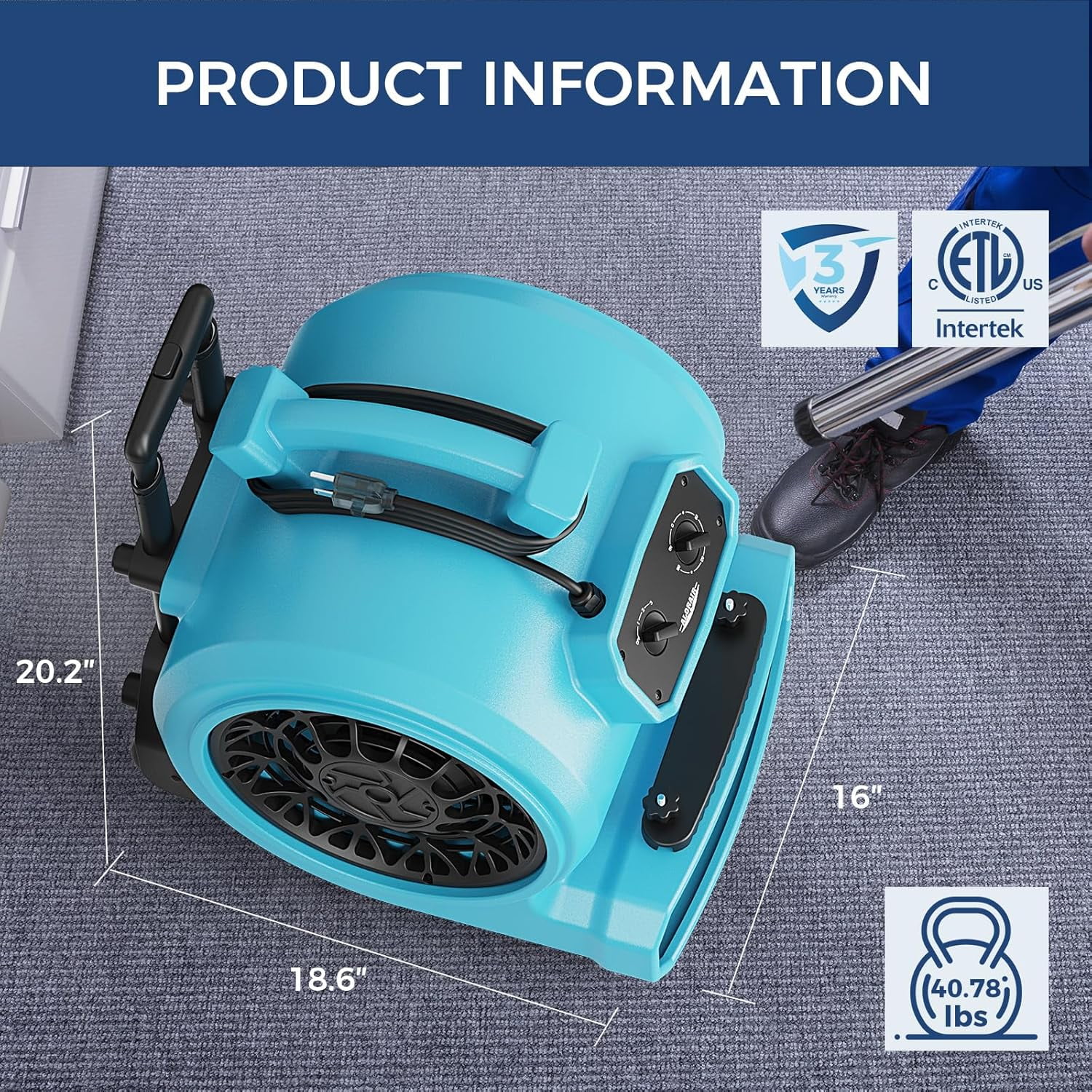 ALORAIR 4000 CFM Air Mover Blower Fan for Industrial, Floor Drying Fan, Carpet Dryer - Timer, Handle Wheelkit, Carpet Buckles, Stackable, for Water Damage Restoration and Plumbing - GE4000HTC