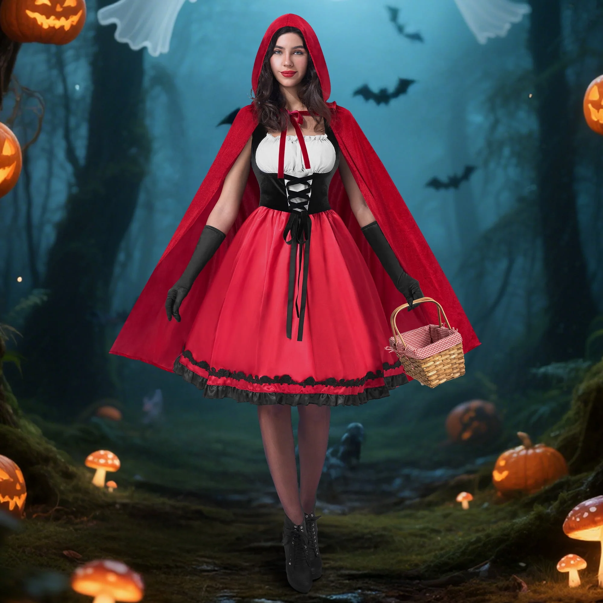 Joyfy Women Little Red Riding Hooded Costume with Dress, Cape and Gloves, Adult Women Halloween Costume for Halloween Party Cosplay - Image 5 Joyfy Women Little Red Riding Hooded Costume with Dress, Cape and Gloves, Adult Women Halloween Costume for Halloween Party Cosplay - Image 5