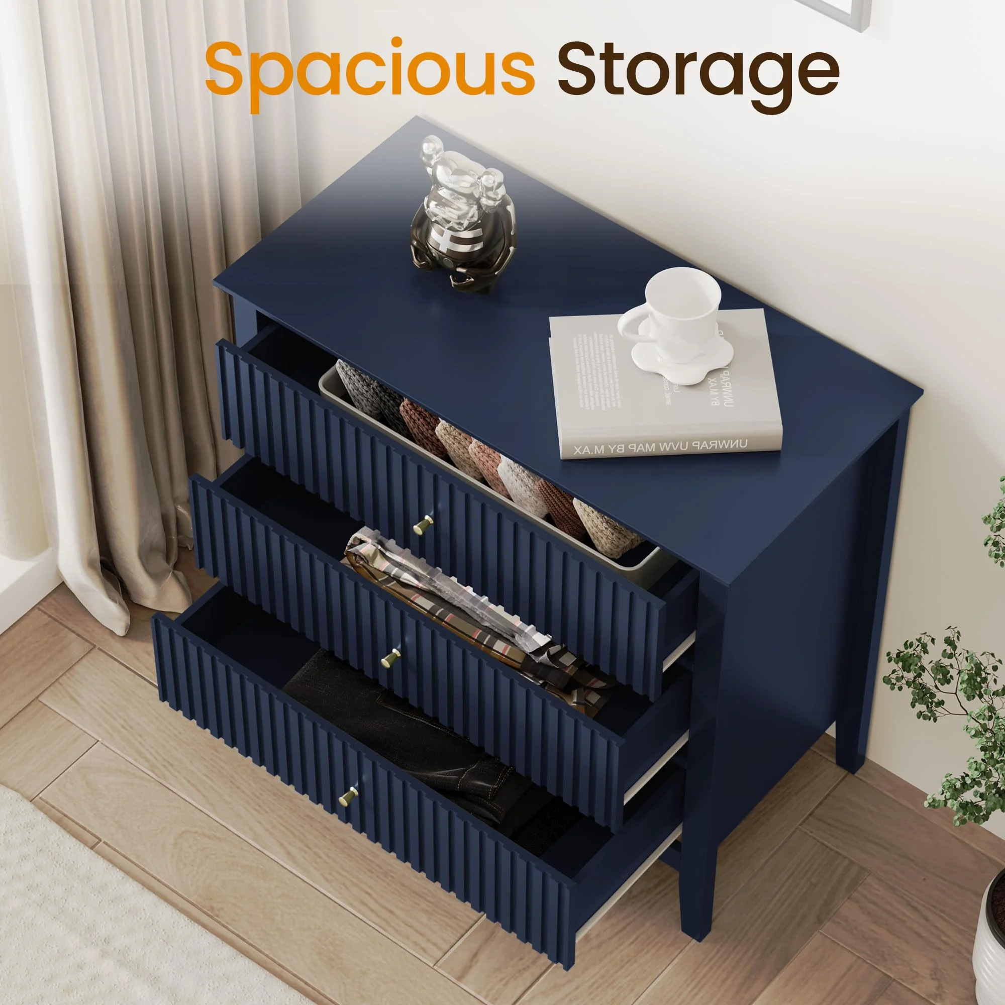 Heynemo Beige 6 Drawer Dresser, Fluted Modern Wood Chest - Image 70