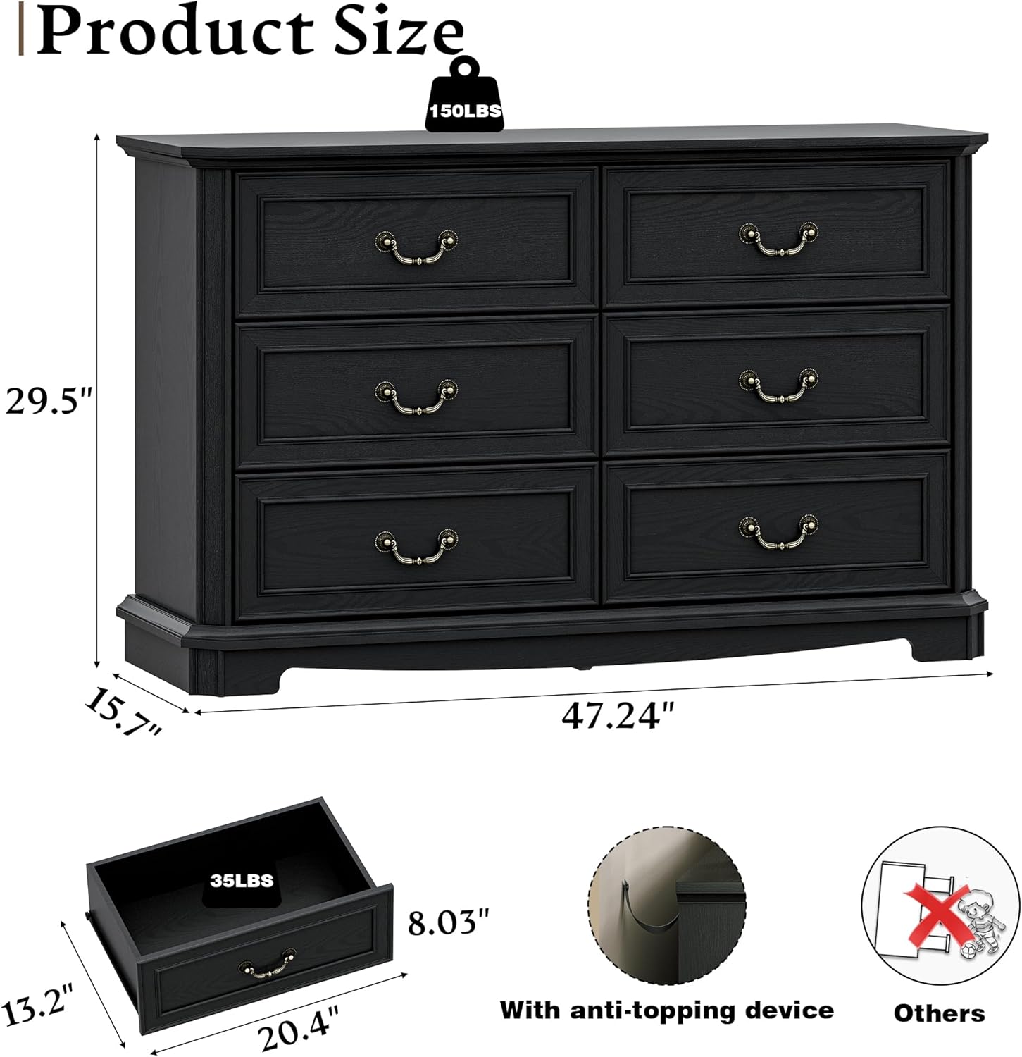 Farmhouse Dresser for Bedroom with 6 Drawer, 48