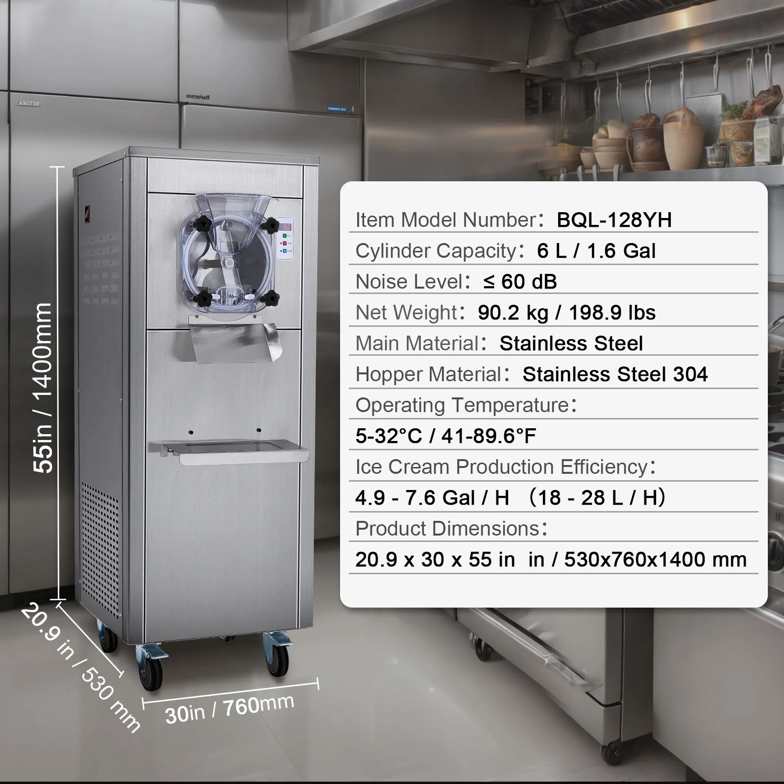KFFKFF Commercial Ice Cream Machine, 18L/Hour Output, 1780W, Single Flavor, Mobile with Wheels, 6L Stainless Steel Cylinder, LED Screen, Auto Clean & Pre-cool