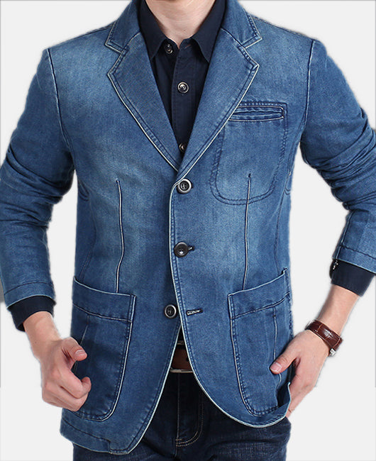 Solid Denim Lapel Neck Blazer