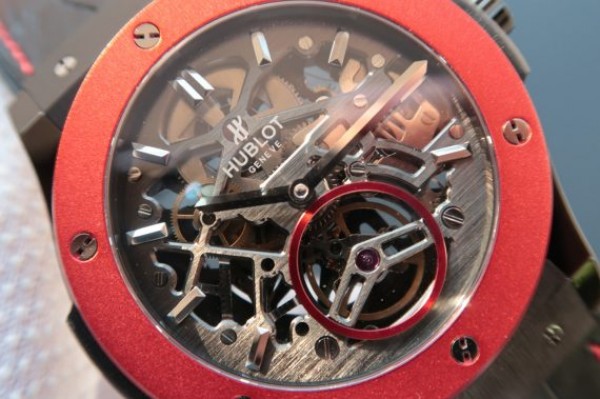 Replica Hublot Classic Fusion Tourbillon 45mm TF Red Bezel Skeleton Dial Black Gummy Strap A23J - Elite Watch Atelier