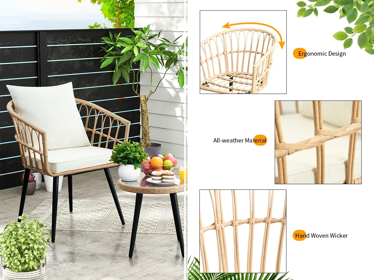 FHFO 3 Piece Patio Bistro Set, Outdoor Wicker Apartment Balcony Furniture Sets, Rattan Table and Chairs Set of 2 for Porch Backyard Lawn Poolside Deck, Beige - Image 10