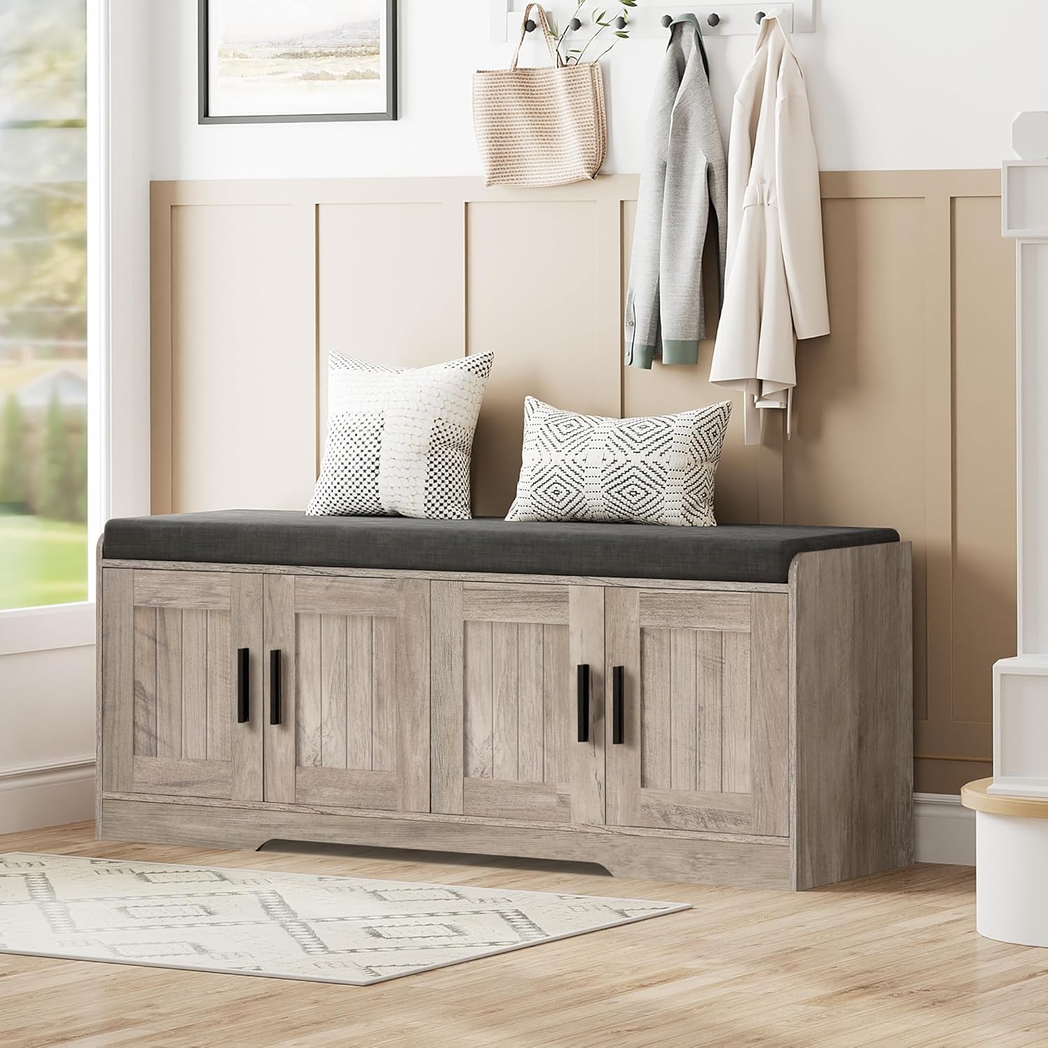 Homleke 2-Tier Storage Bench, Shoe Bench with Thickened Padded Seat Cushion, Entryway Bench with 4 Doors, Adjustable Shelf, 13.8
