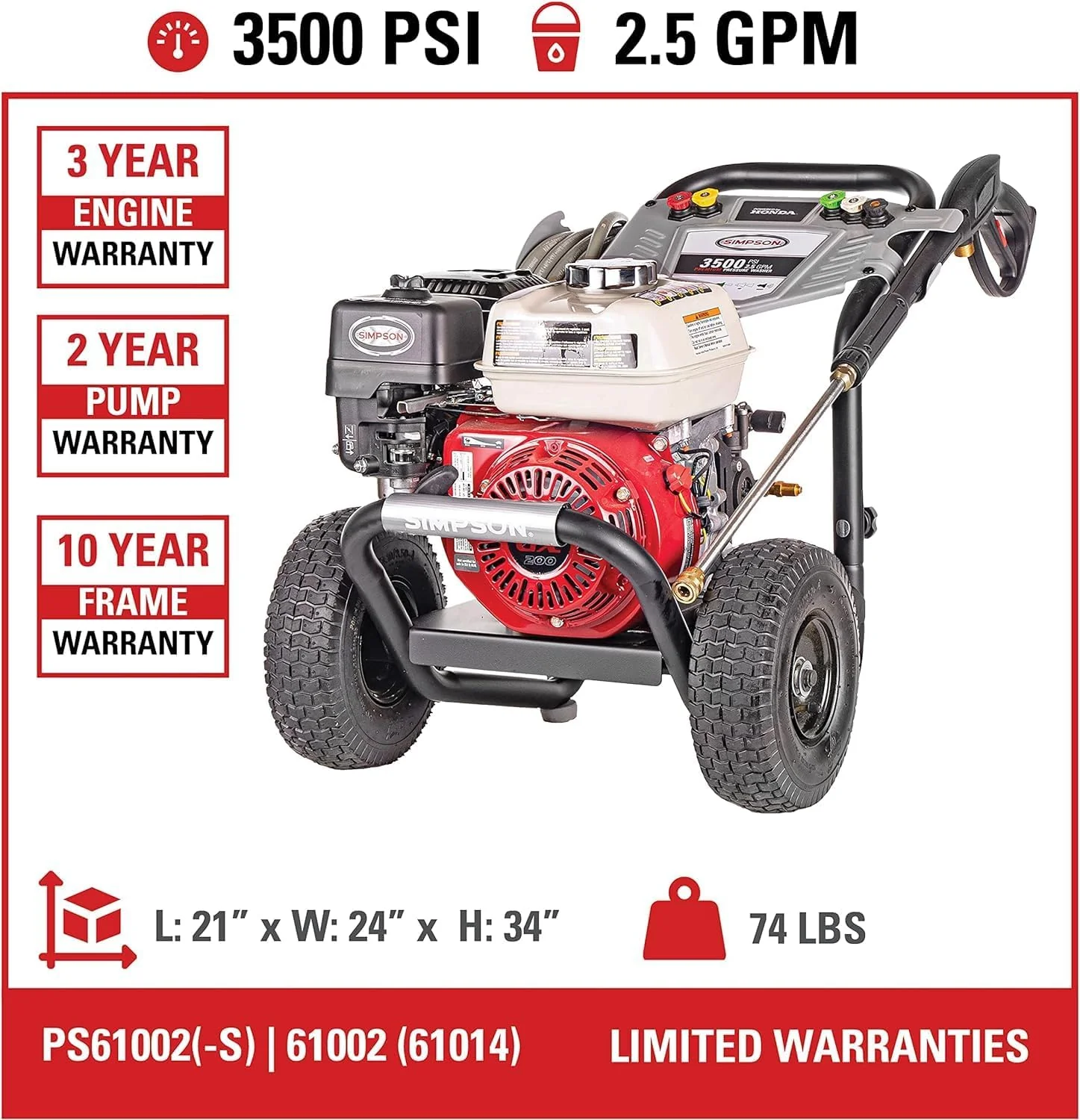 Simpson Gas Pressure Washer 3500 PSI 2.5 GPM With Honda GX200 Engine - PS61002-S - Image 3 Simpson Gas Pressure Washer 3500 PSI 2.5 GPM With Honda GX200 Engine - PS61002-S - Image 3