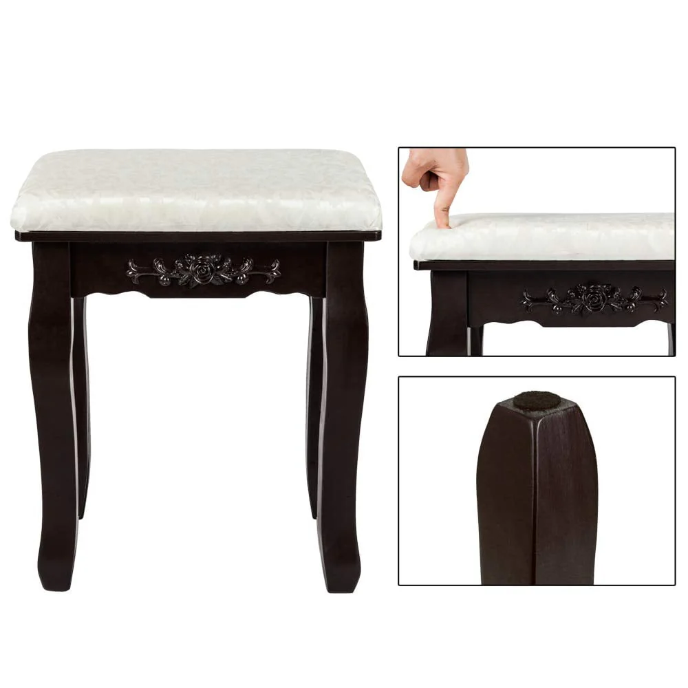 UBesGoo 4 Drawer Vanity Makeup Dressing Table Set w/Stool&Mirror Jewelry Wood Brown - Image 7