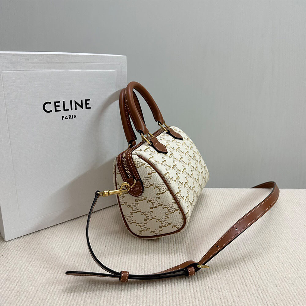 Celine Small Boston Bag in Triomphe Canvas and Calfskin1:1High-quality replica