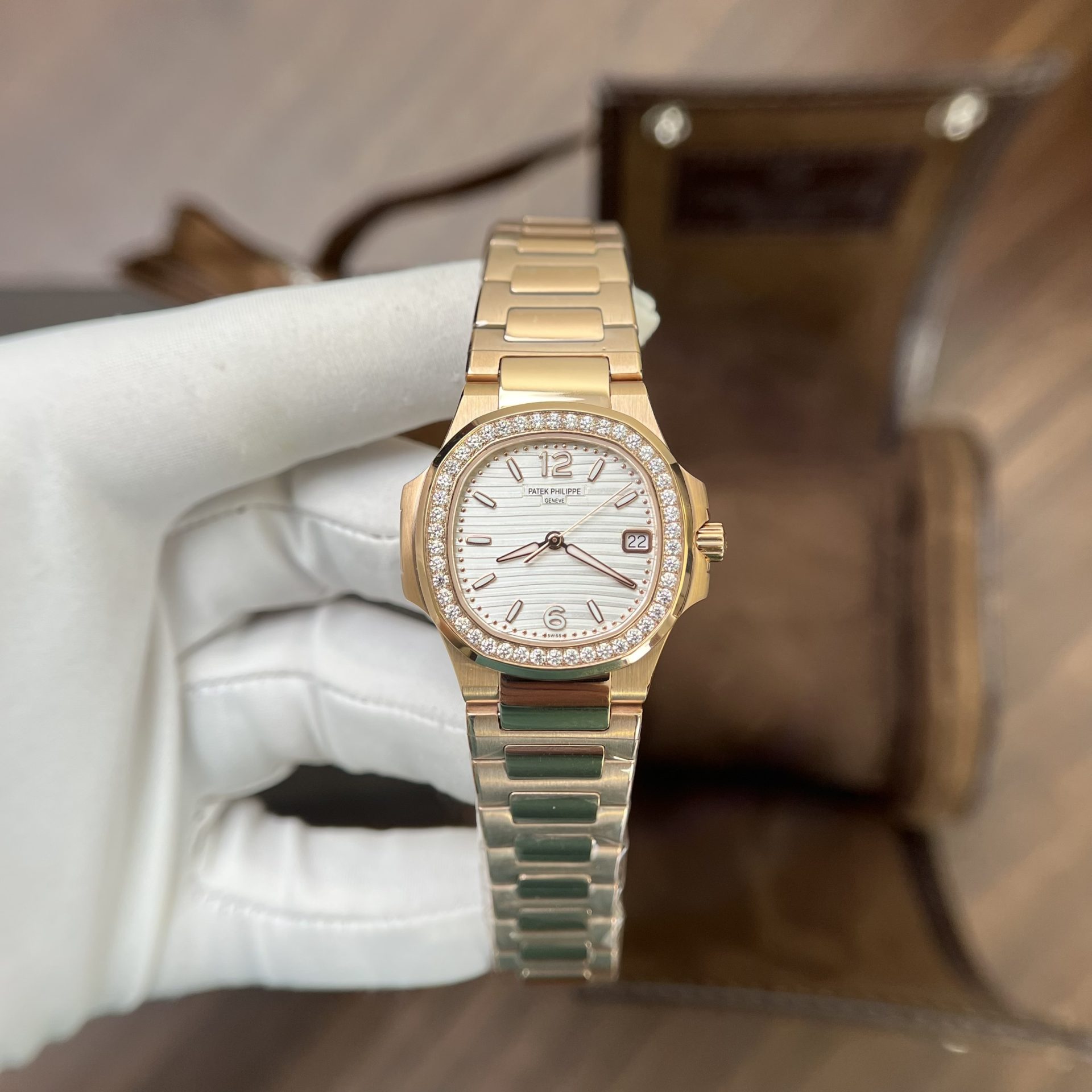 Patek Philippe Replica 11 Watch Nautilus 7010 Rose Gold With Stone Metal Strap 32mm - Elite Watch Atelier