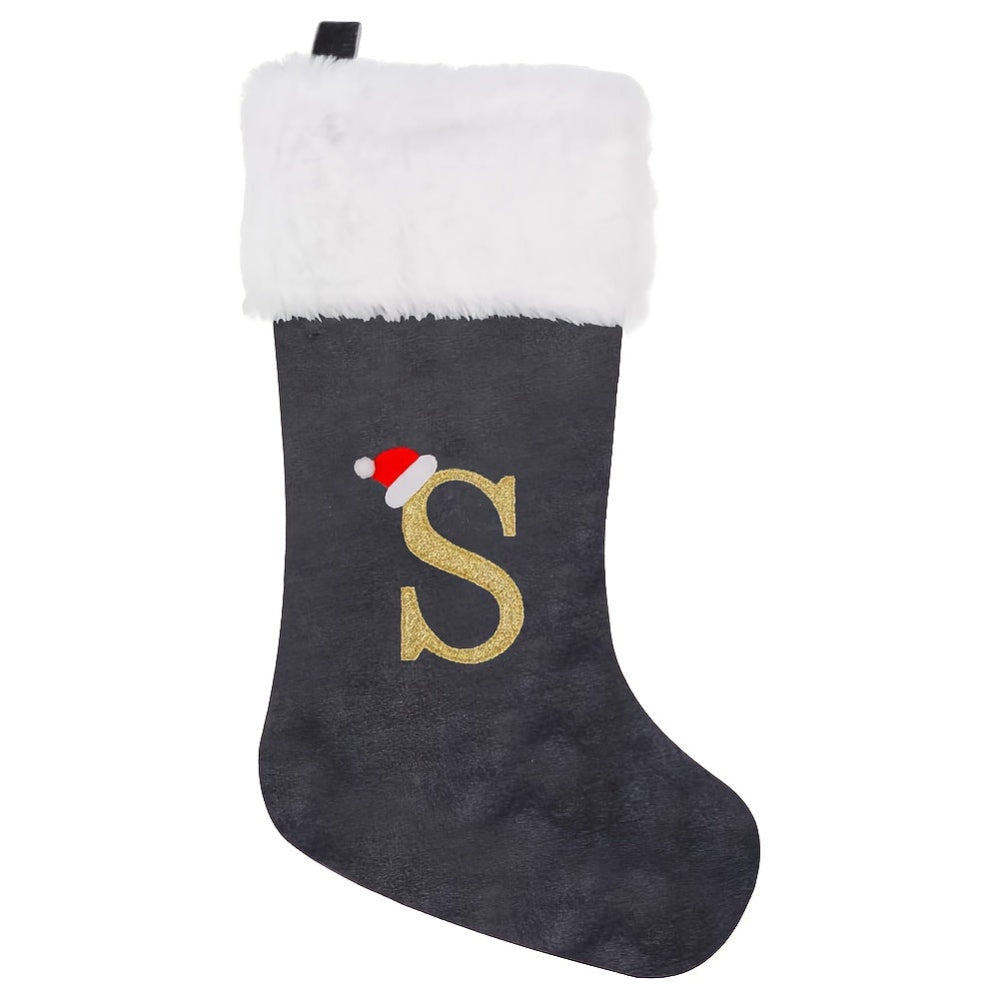 Gepersonaliseerde Fluwelen Kerstsok met Monogram – Modern Grijs Ontwerp