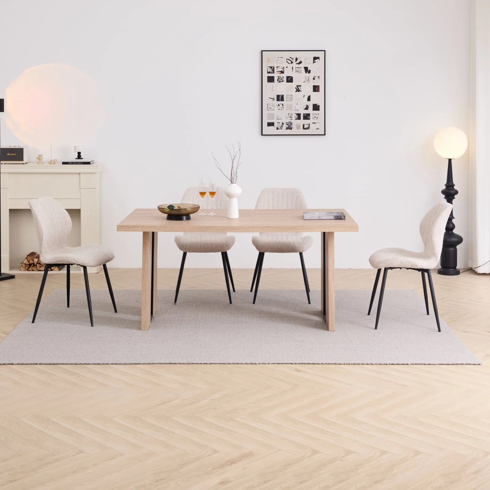 5pcs Rectangle Dining Table Chairs Set for 4, 63" Farmhouse Wood Kitchen Table with 4 Upholstered Mid Century Modern Boucle Chairs for Dinner, Living Dining Room, Apartment, Beige - Image 8