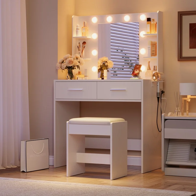 Furmax Makeup Vanity Table and Chair Set with 3 Modes Adjustable Lights and Mirror Vanity Desk with Shelves and Drawer, White