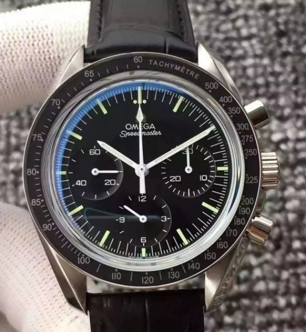 Replica Omega Speedmaster MoonWatch NASA SS Black Dial Leather Strap Manual Winding - Elite Watch Atelier
