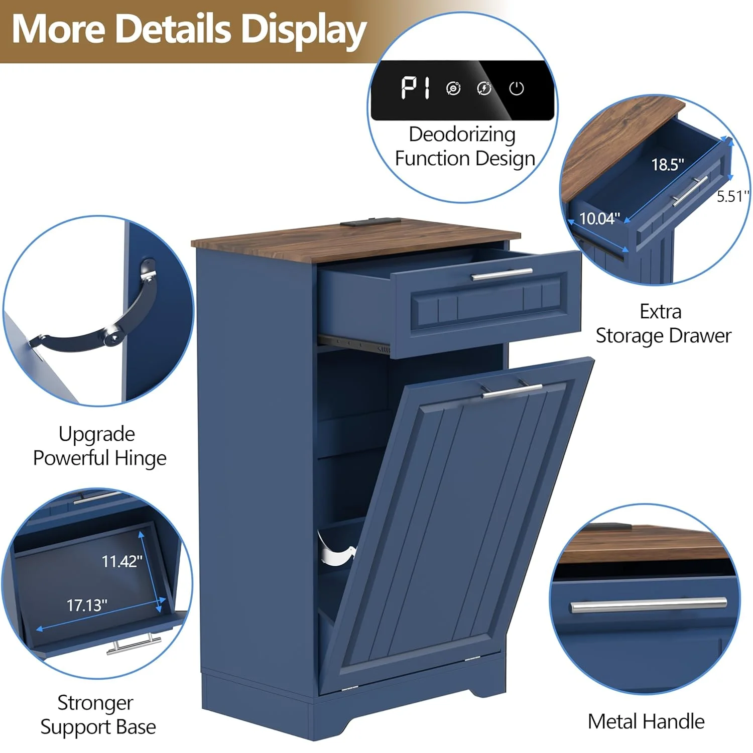 Single 10 Gallon Tilt Out Trash Can Cabinet with Deodorizing Function, Wooden Hidden Garbage Can Holder with Storage Drawers for Kitchen and Dining Room, Laundry Hamper Cabinet for Bathroom, Blue