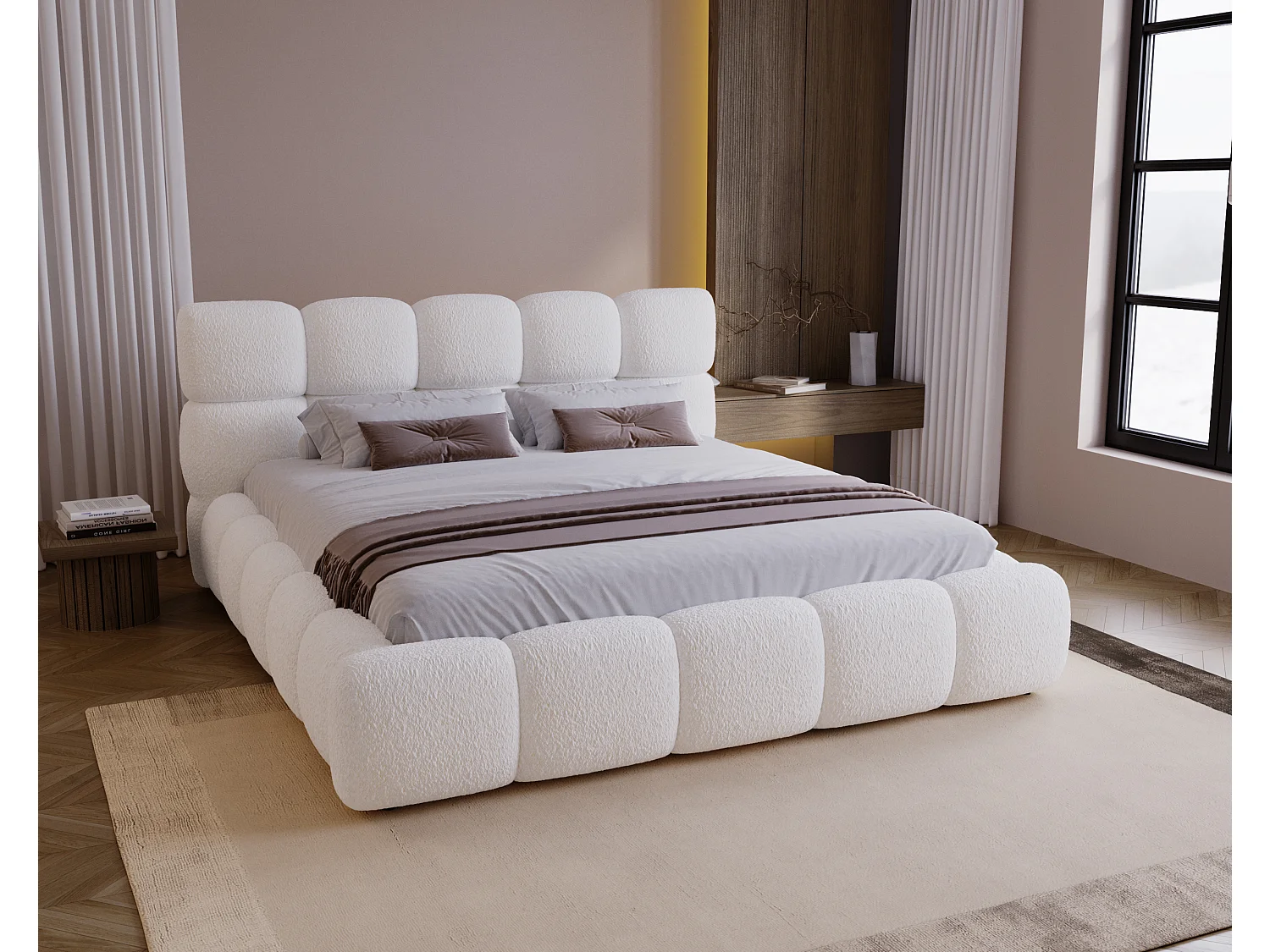 BESILIO Lit tapissé 180x200 bouclé Boston – lit avec coffre de rangement et sommier, lit coffre moderne en mousse épaisse – Blanc