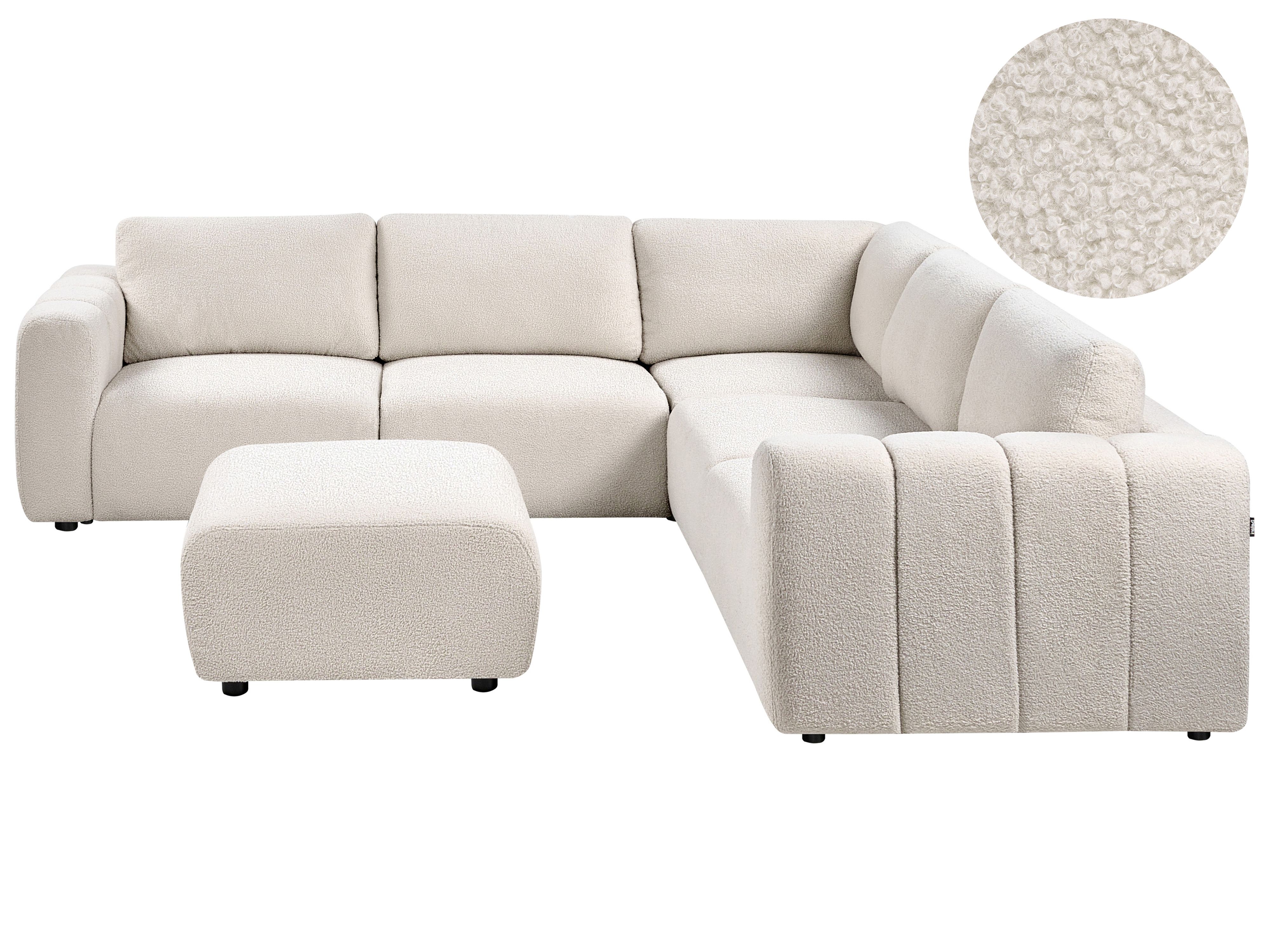 Modular Corner Sofa 5 Seater KIVVIK Boucle Off-White with Ottoman Left Hand