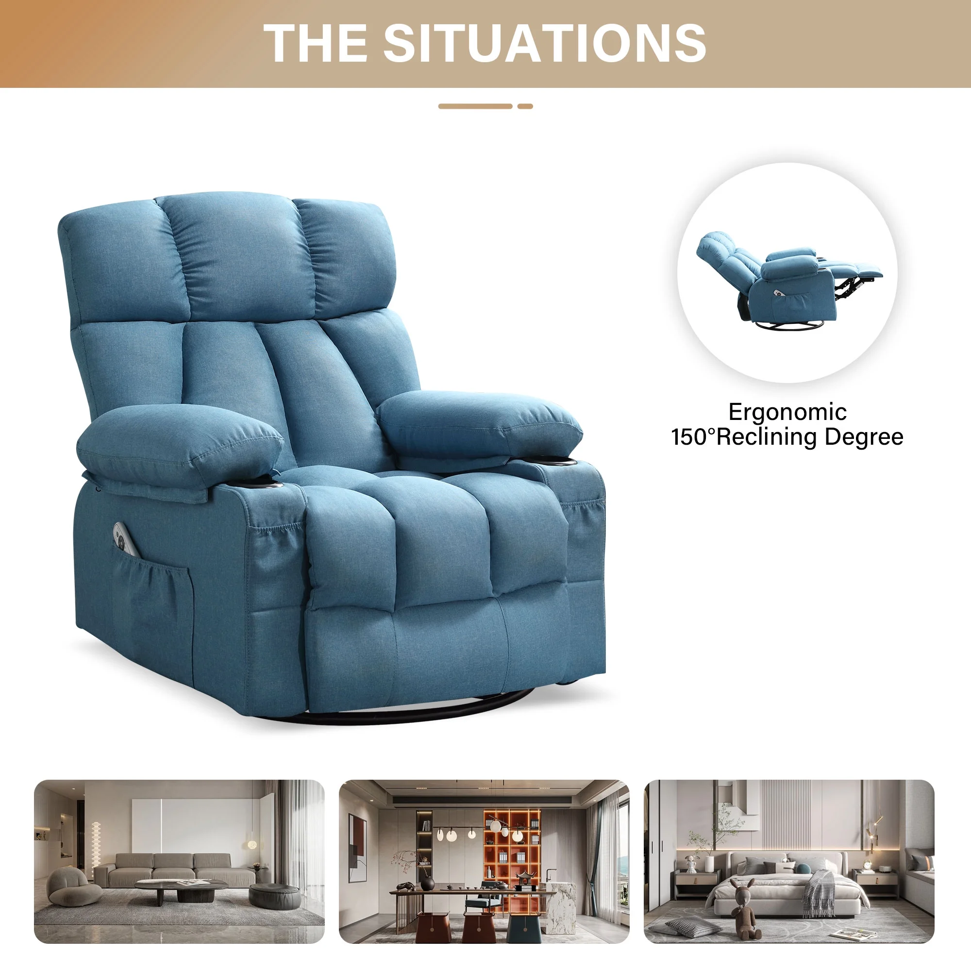 JONPONY Manual Recliner Chair with Heat Therapy and Massage Function, Heavy Duty Reclining Mechanism Massage Chair, Elderly Single Rocker Sofa with Cup Holders for Bedroom Home Theater,Grey - Image 77