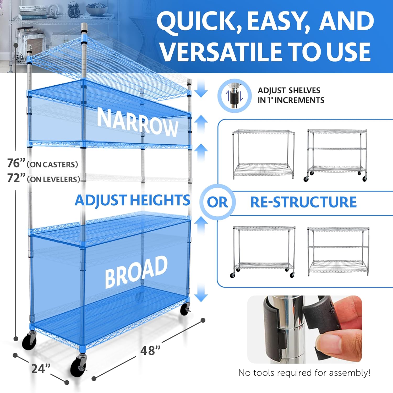 4000 LBS Heavy Duty Wire Rack, 48 x 24 x 76, 5-Tier NSF Commercial Rolling Rack with 4