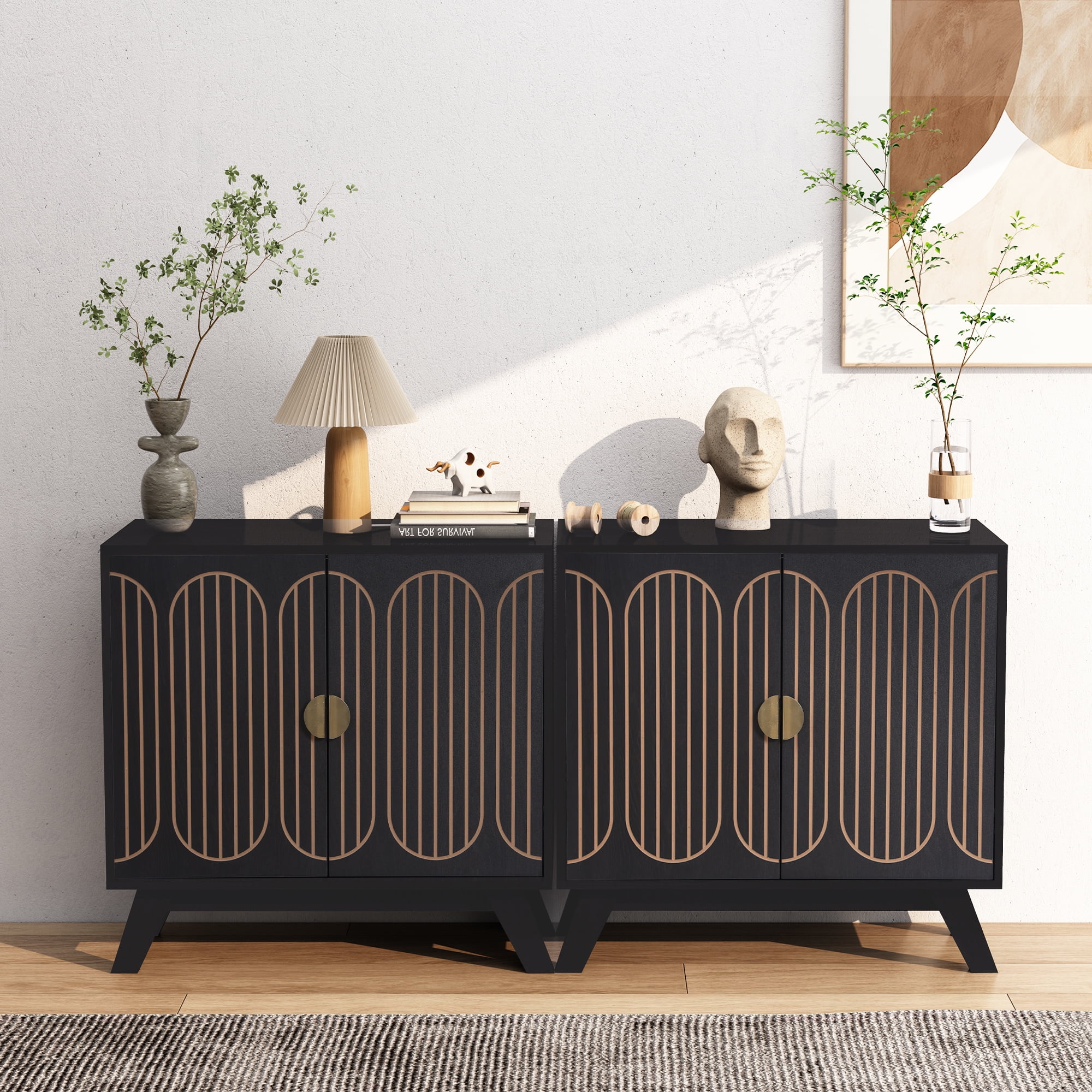 LEFHDA 2PCS Buffet Cabinet, Sideboard Cabinet with Storage, Accent Storage Cabinet with Carved Arc Door Design for Kitchen Dining Room, 2 Doors Buffet Cabinet with Adjustable Shelves - Image 47