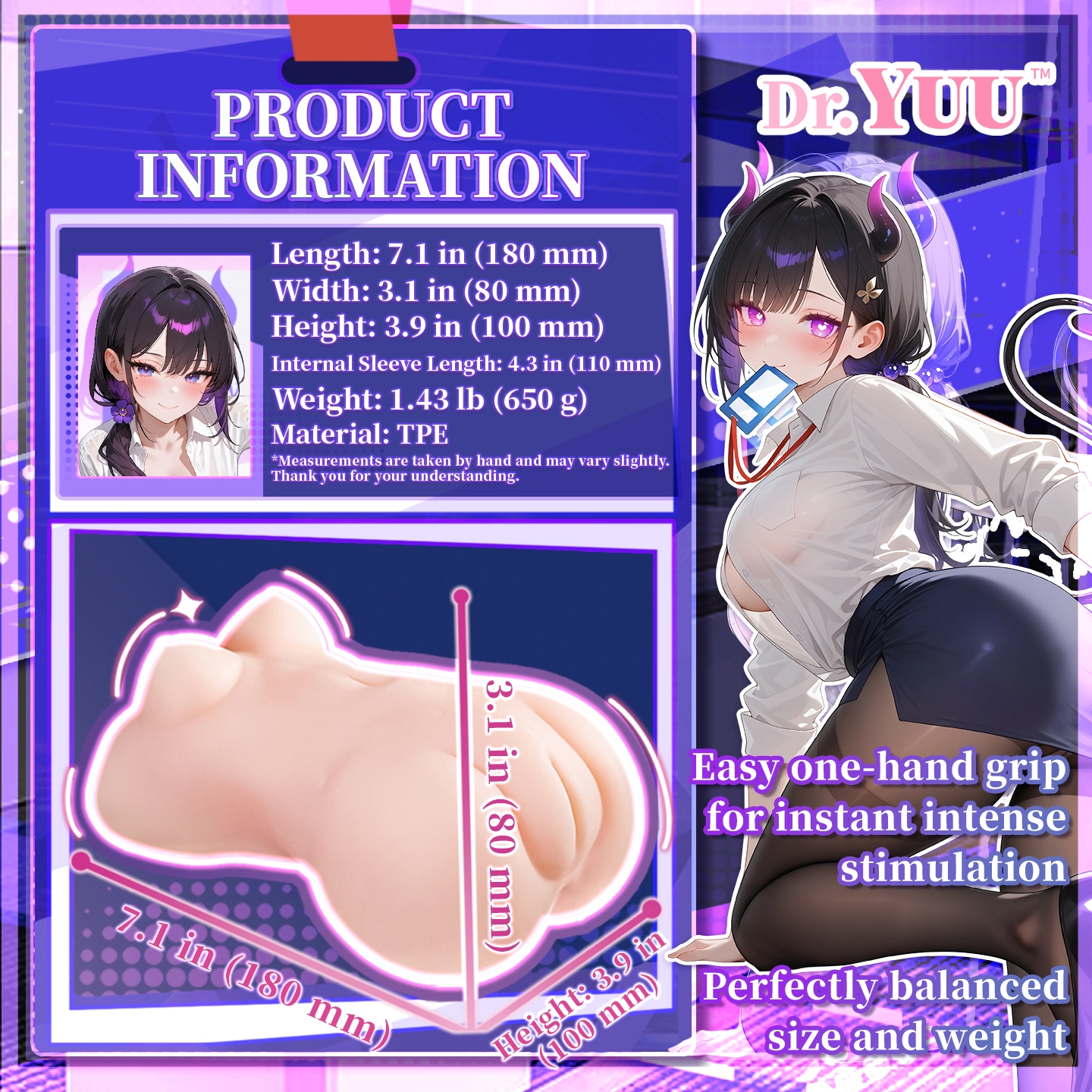 Dr.YUU intense male masturbator specifications with 1.43 lb weight and 4.3 inch canal