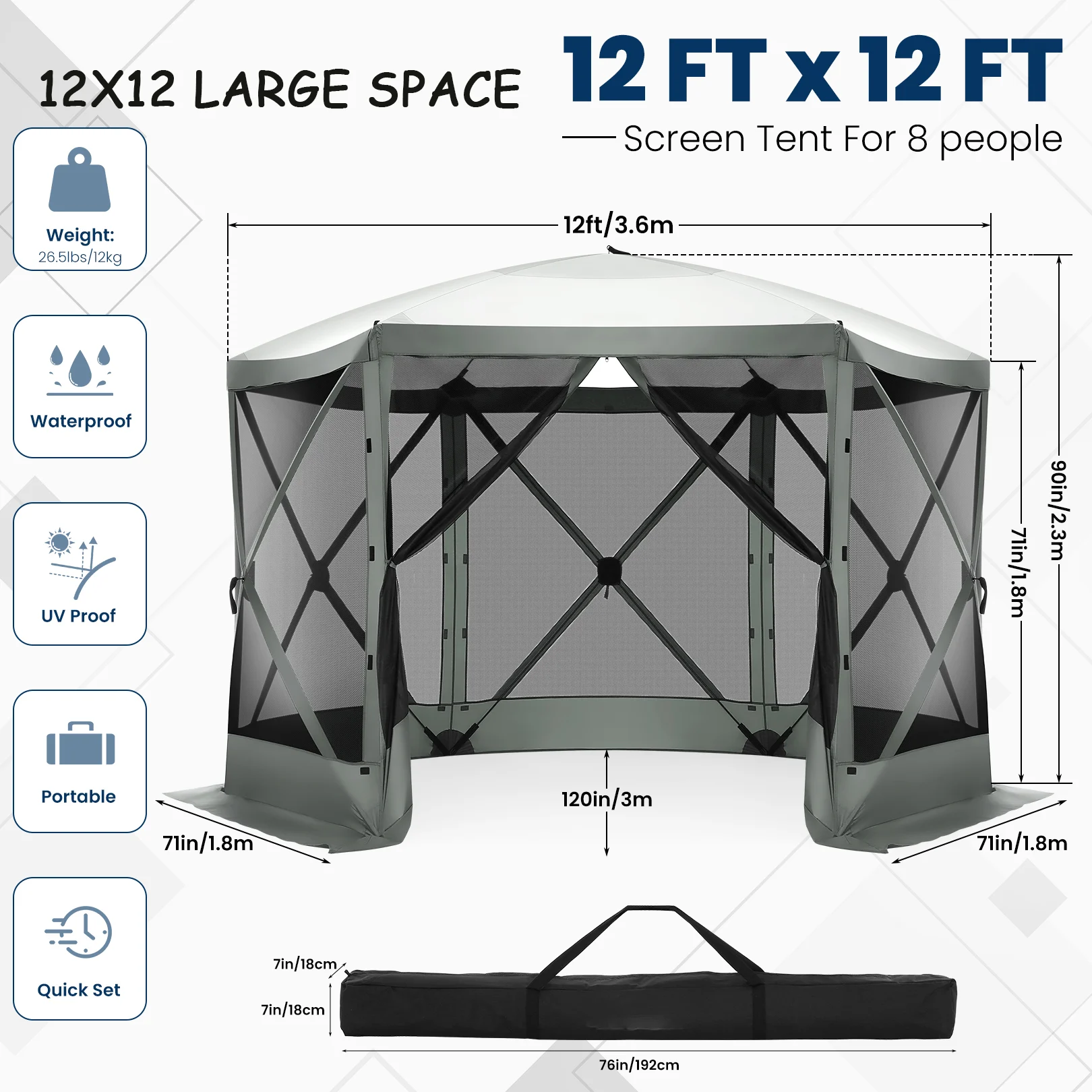 COBIZI 12'x12' Pop-up Gazebo Outdoor Camping Tent with 6 Sides Mosquito Netting, Waterproof, UV Resistant, Portable Screen House Room, Easy Set-up Party Tent with Carry bag, Ground Spike, Brown - Image 29