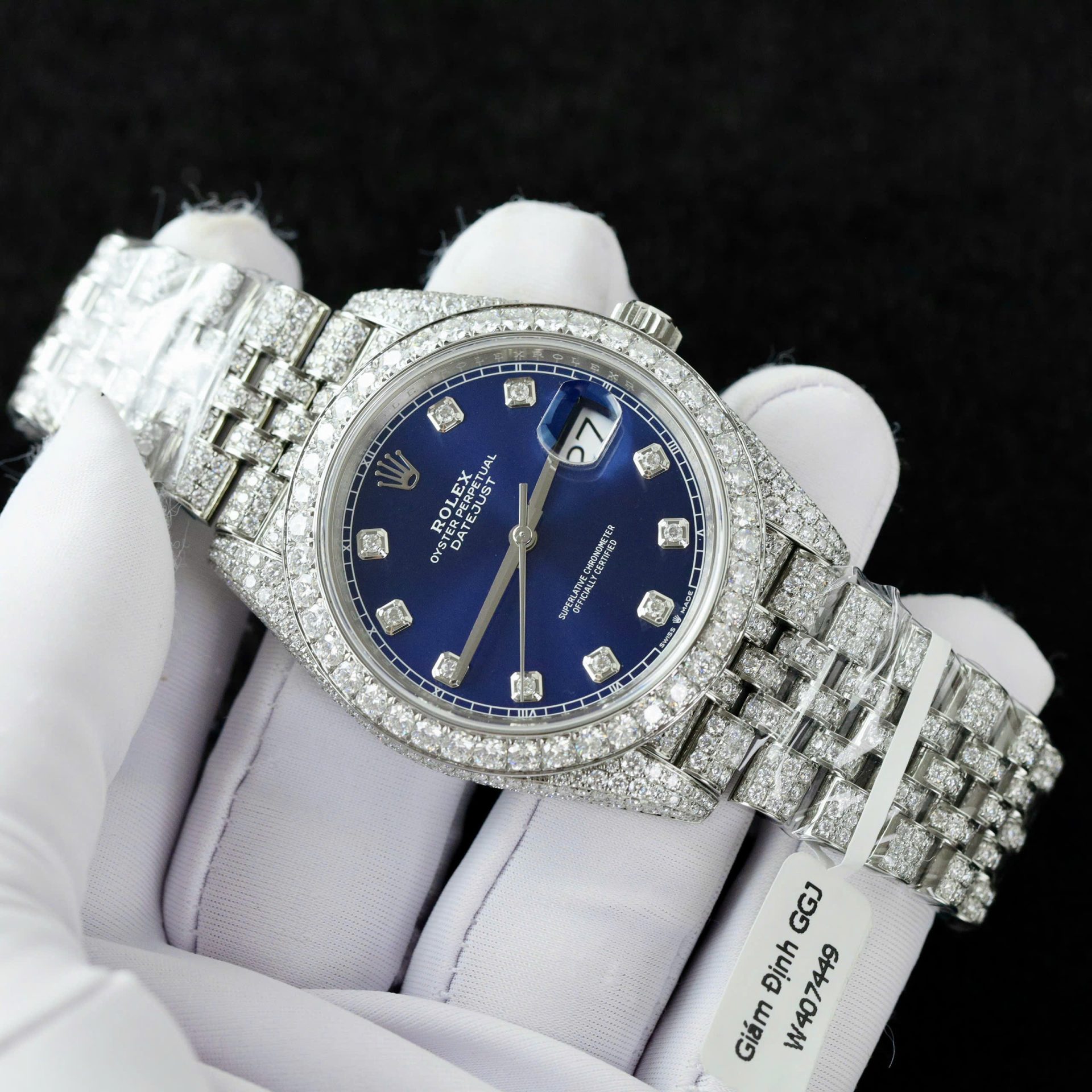 Rolex DateJust Blue Dial Copies Watches Custom Moissanite Diamonds 36mm - Elite Watch Atelier