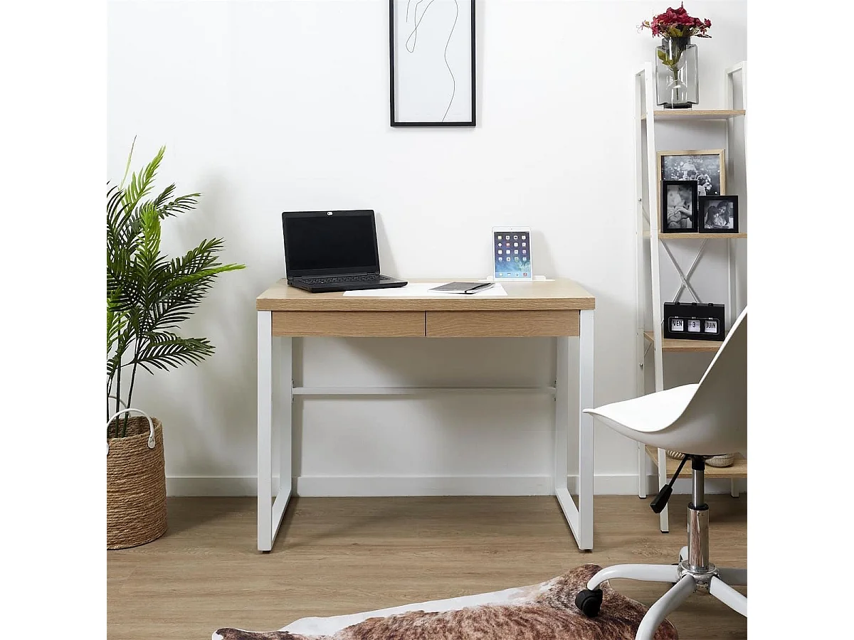 CALEB - Bureau Plateau Effet Bois et Piètement Blanc