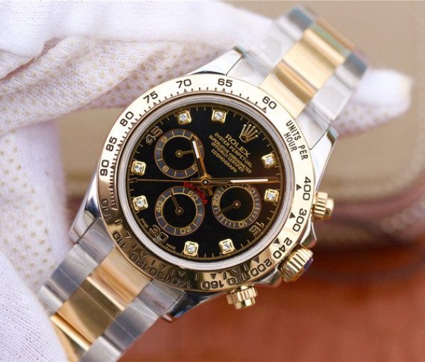 Replica Rolex Daytona 116523 Thick YG Wrapped Black Dial Diamonds Markers SS/YG Bracelet A7750 - Elite Watch Atelier