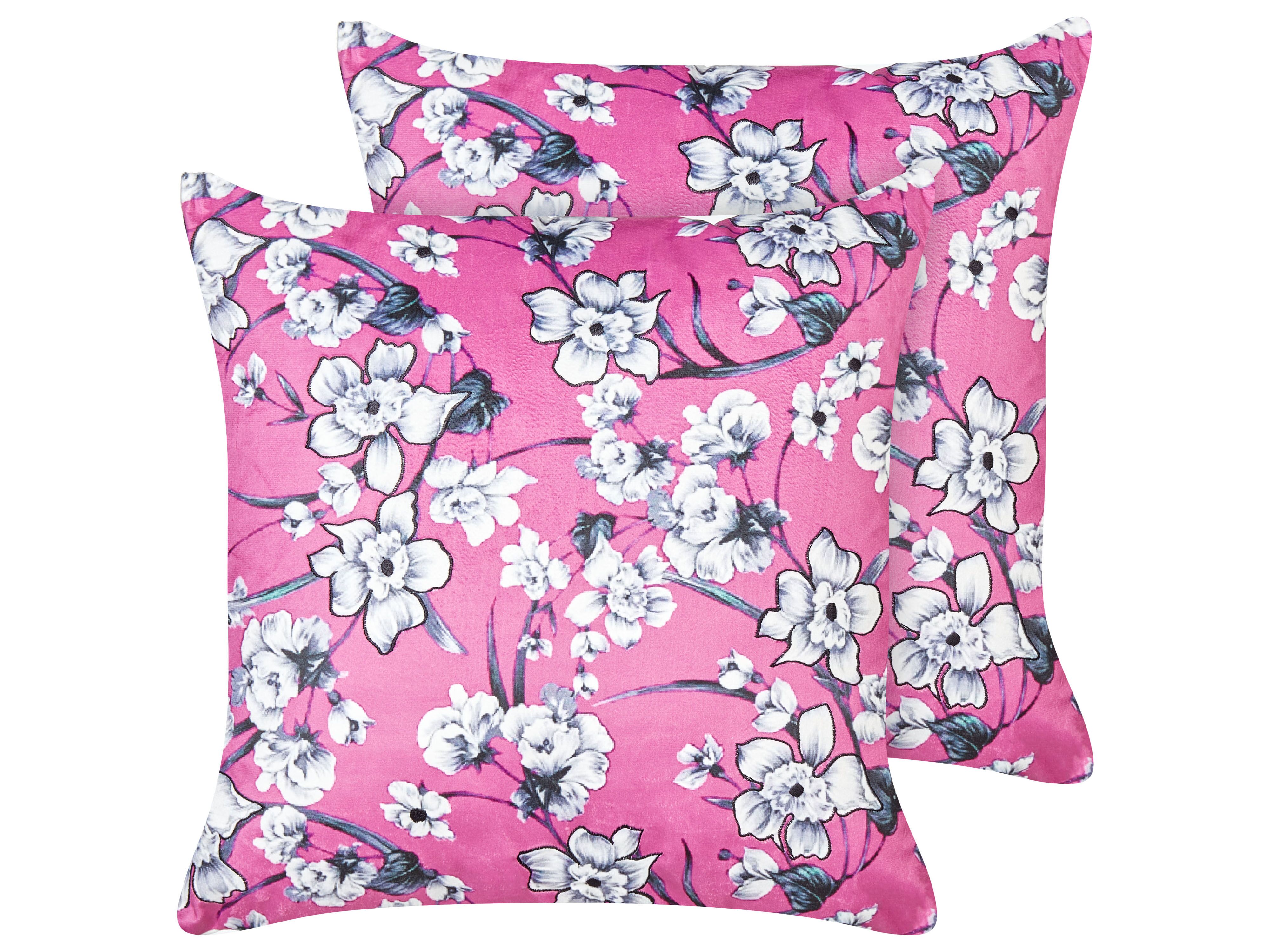 Set of 2 Decorative Cushions KOELERIA Velvet 45 x 45 cm Fuchsia Pink Floral Pattern