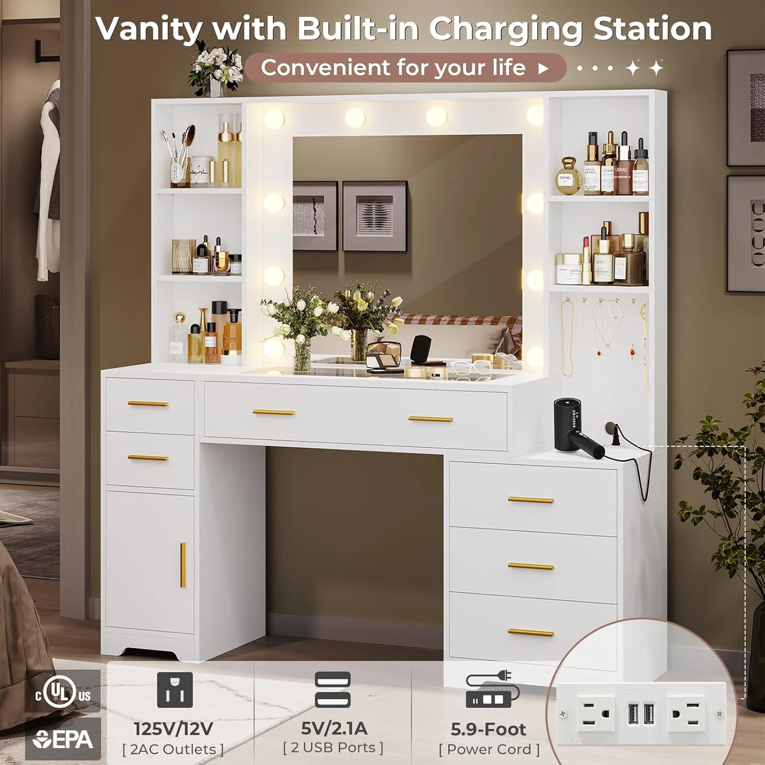 Makeup Vanity Desk with Lighted Mirror & Charging Stations & 6 Drawers Large Vanity Table Bedroom Dressing Table with Glass Tabletop&Side Cabinet&Glass Tabletop, Black - Image 26