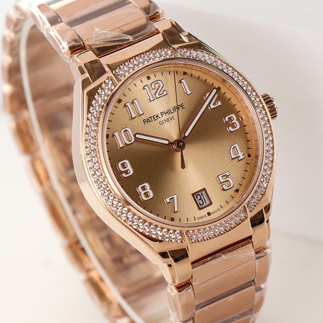 Fake Diamond Watch Replica Patek Philippe Twenty~4 Ladies Rose Gold Brown Sunburst 7300/1200R-001(1:1 replica) - Top club