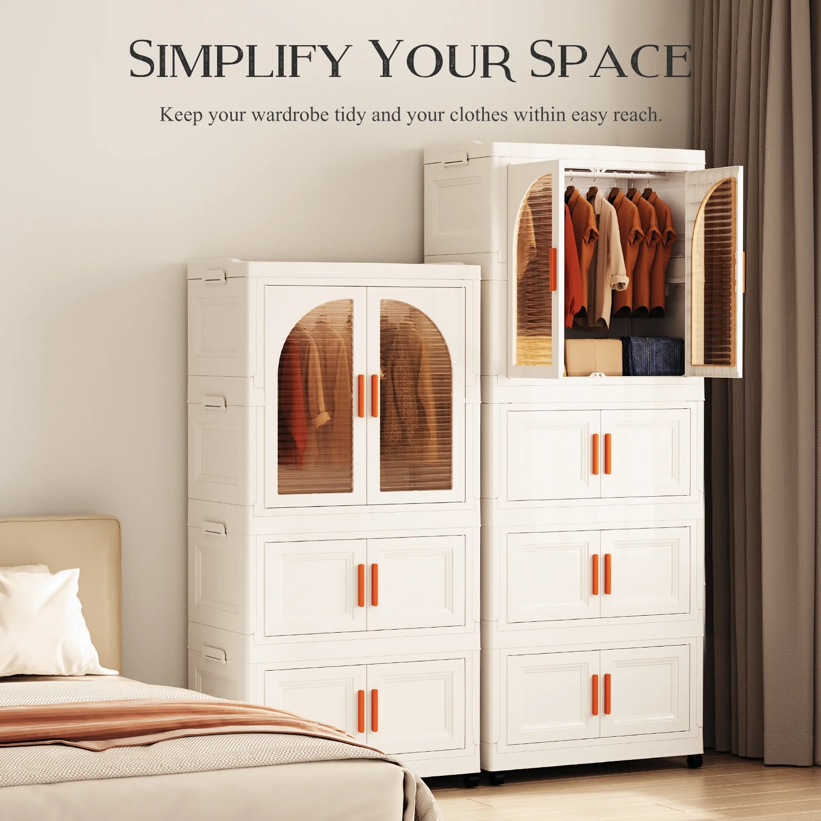 Fitfort Folding Wardrobe Storage Cabinet, 25.6 x 14.6 x 51.2 in, Plastic with Magnetic Door and Wheels, Includes 1 Wardrobe Level, 2 Folding Boxes,10 Hangers and 4 Hooks