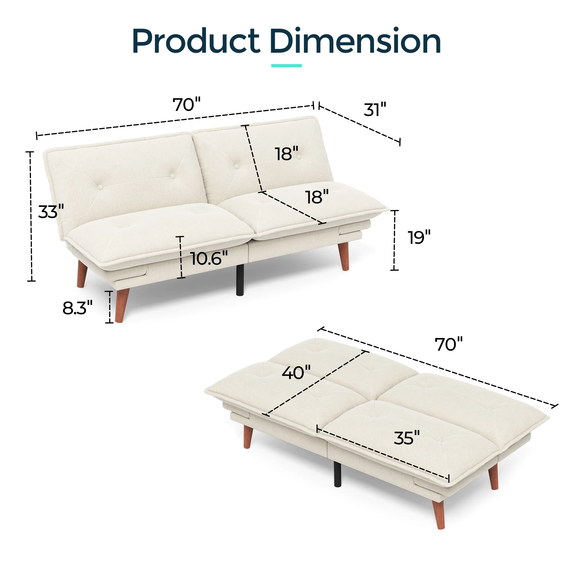 Linsy Home 70" W Chenille Convertible Futon Sofa Bed with Adjustable Armrests, Green - Image 15