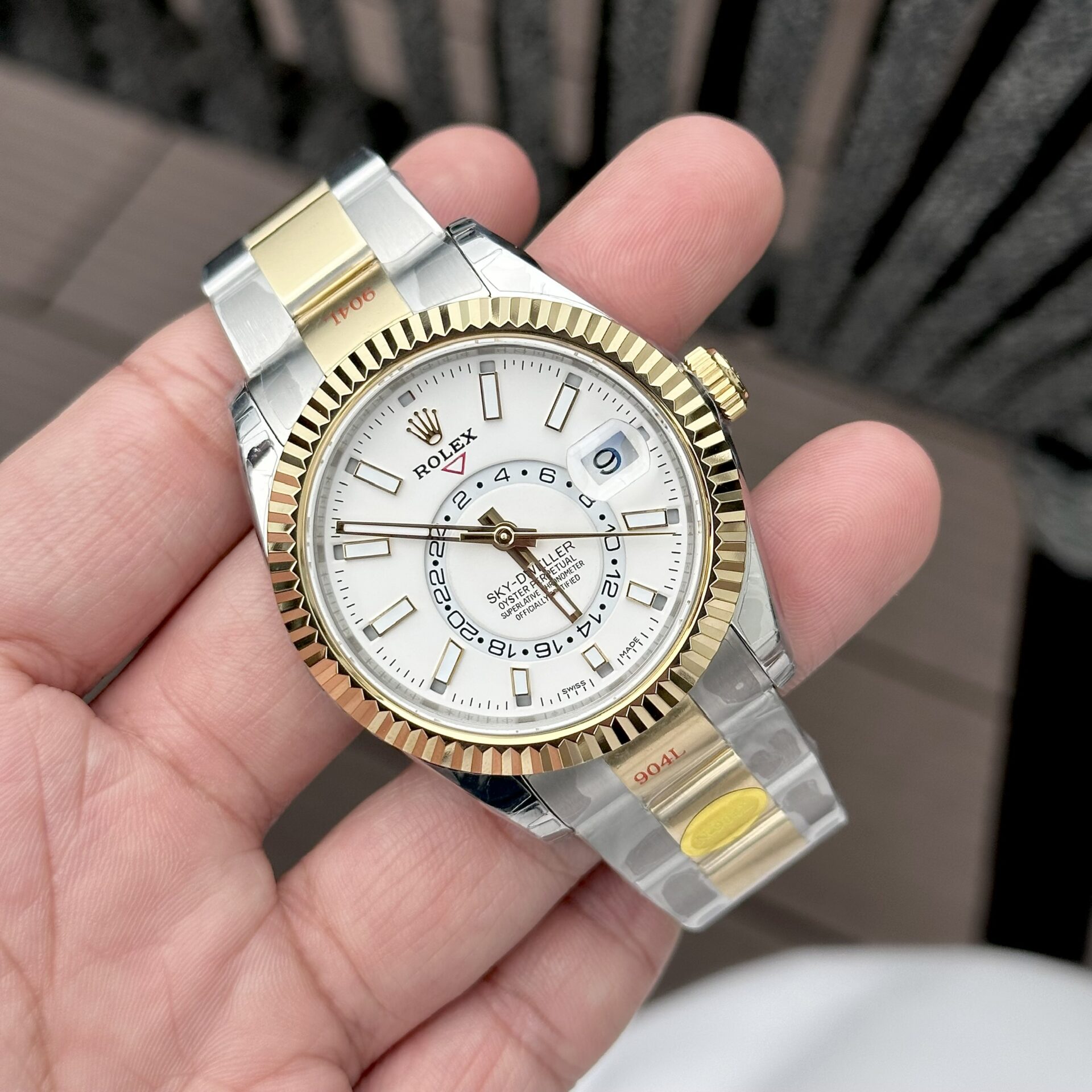 Rolex Sky-Dweller Replica Watch White Dial Demi Oyster Strap Factory N 41mm - Elite Watch Atelier