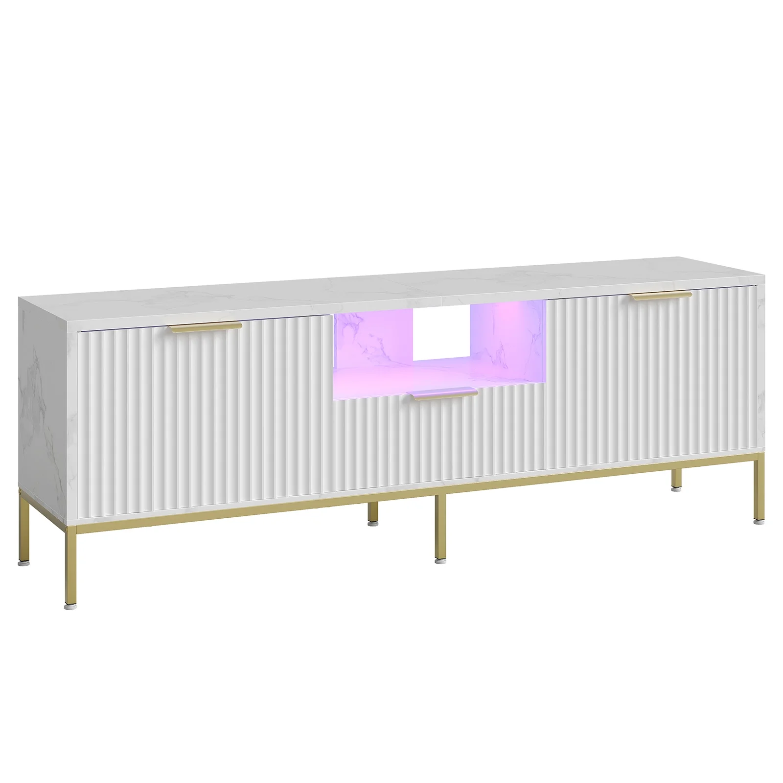 Bestier 55" LED TV Stand for TVs up to 60" Modern High Gloss Entertainment Center with Drawers Cabinets Fluted TV Console, White & Gold - Image 35